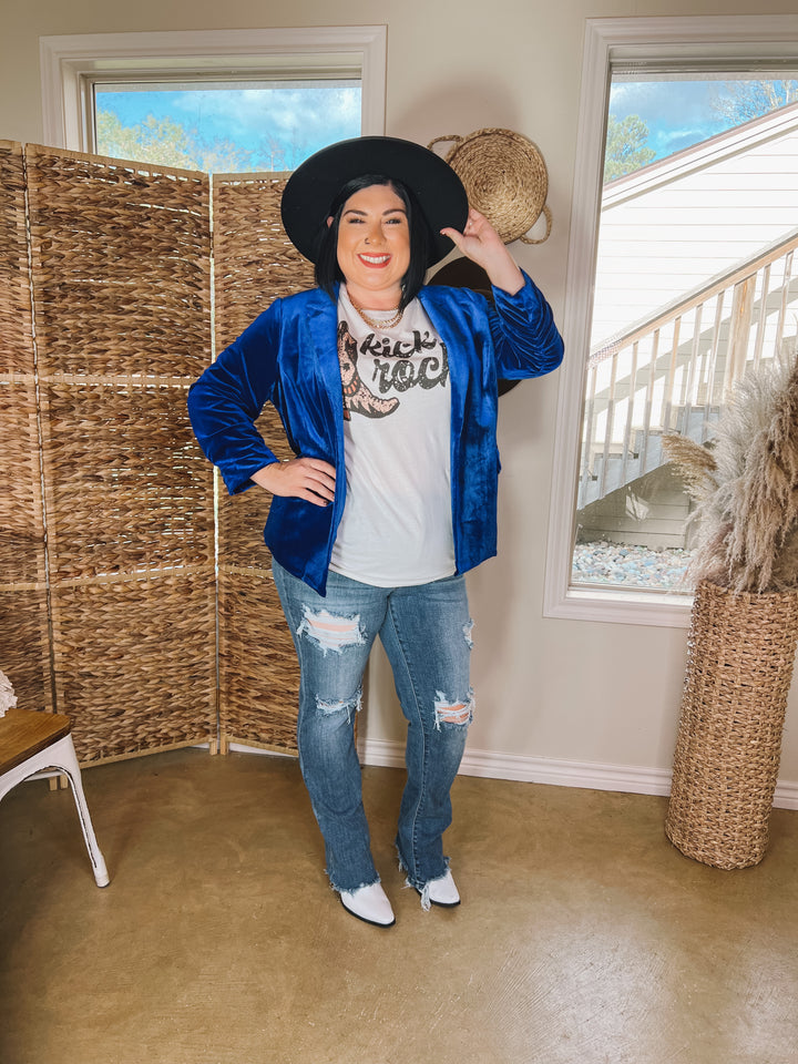 Chic Arrival 3/4 Sleeve Velvet Blazer in Royal Blue - Giddy Up Glamour Boutique