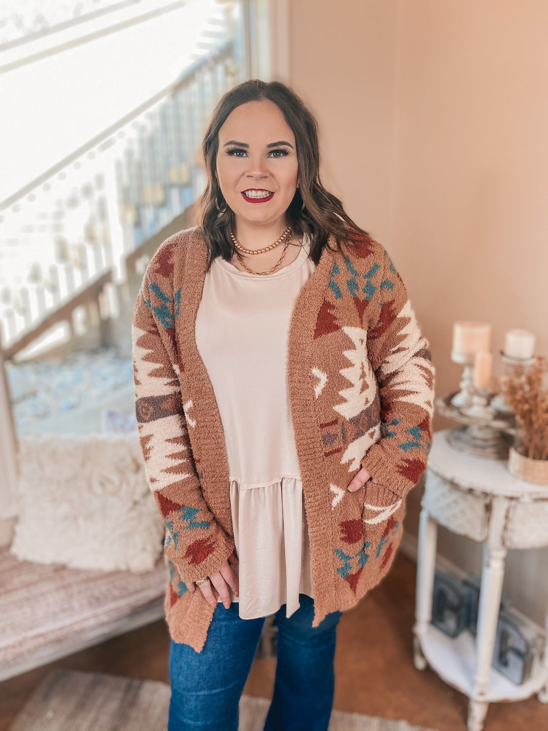 Snuggles in Sheridan Aztec Print Open Front Cardigan in Tan - Giddy Up Glamour Boutique