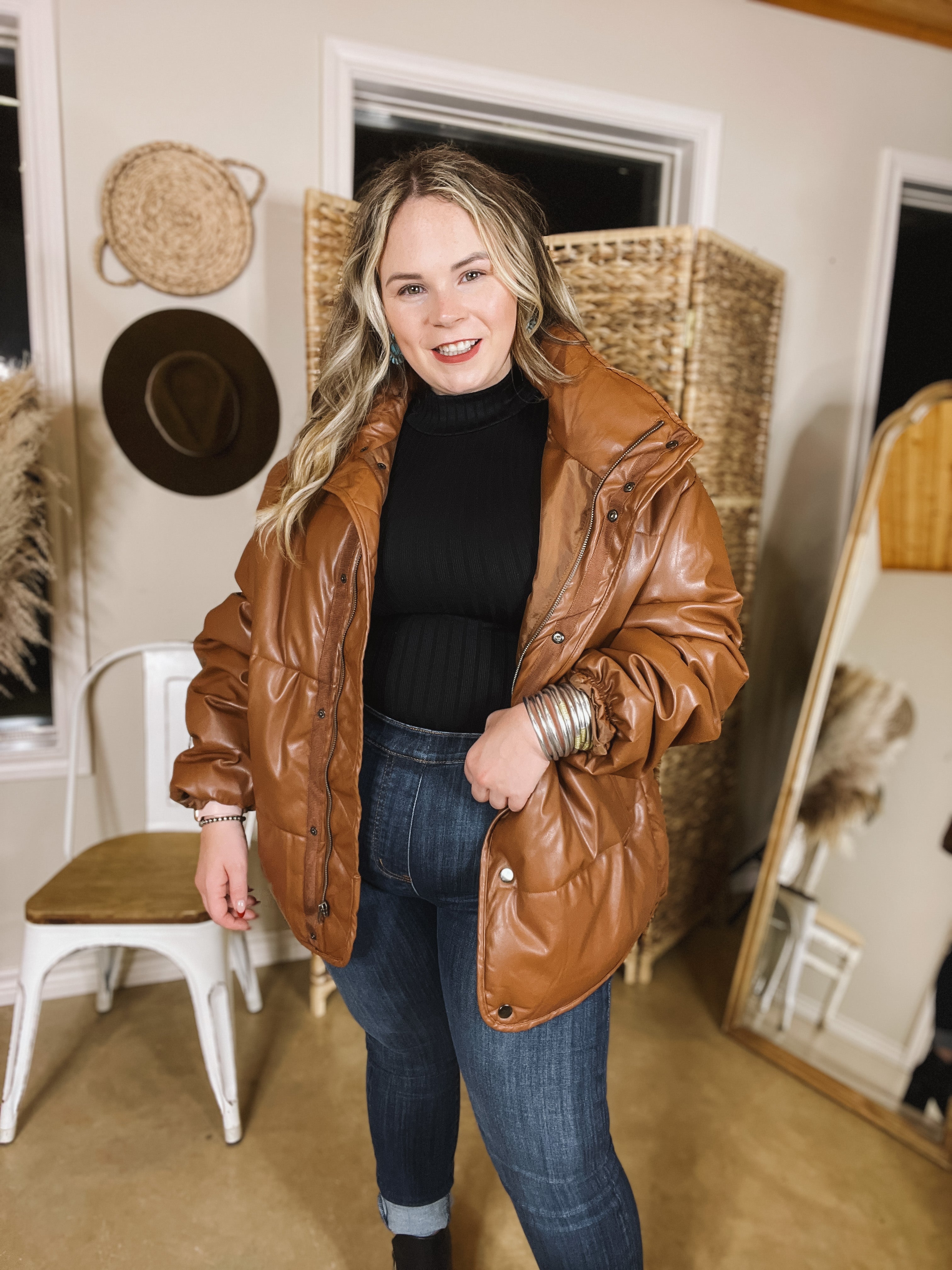 Boston Chill Button and Zip Up Faux Leather Puffer in Brown - Giddy Up Glamour Boutique