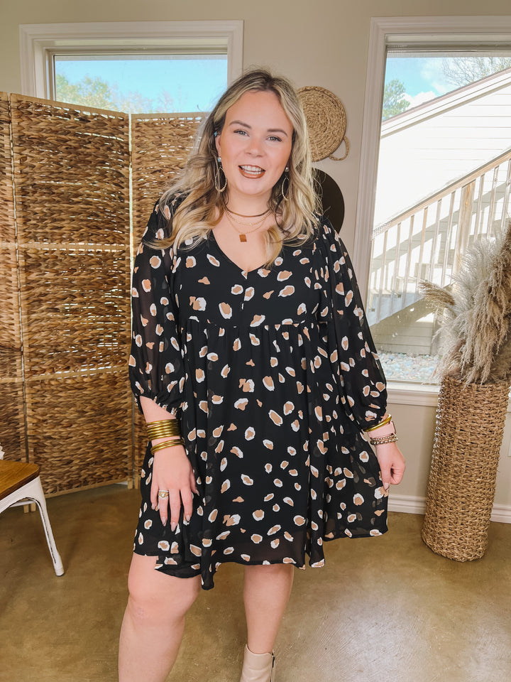 Highlight This Taupe and Ivory Dotted Dress in Black - Giddy Up Glamour Boutique