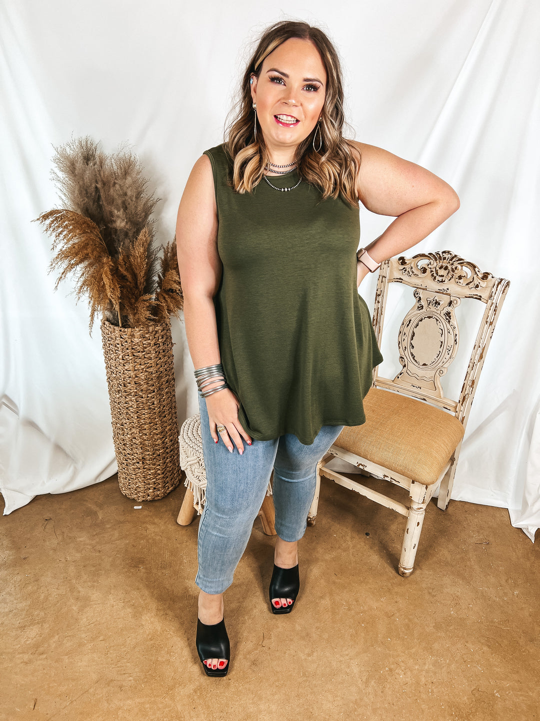 Give Me Joy Solid Knit A-Line Tank Top in Olive Green - Giddy Up Glamour Boutique