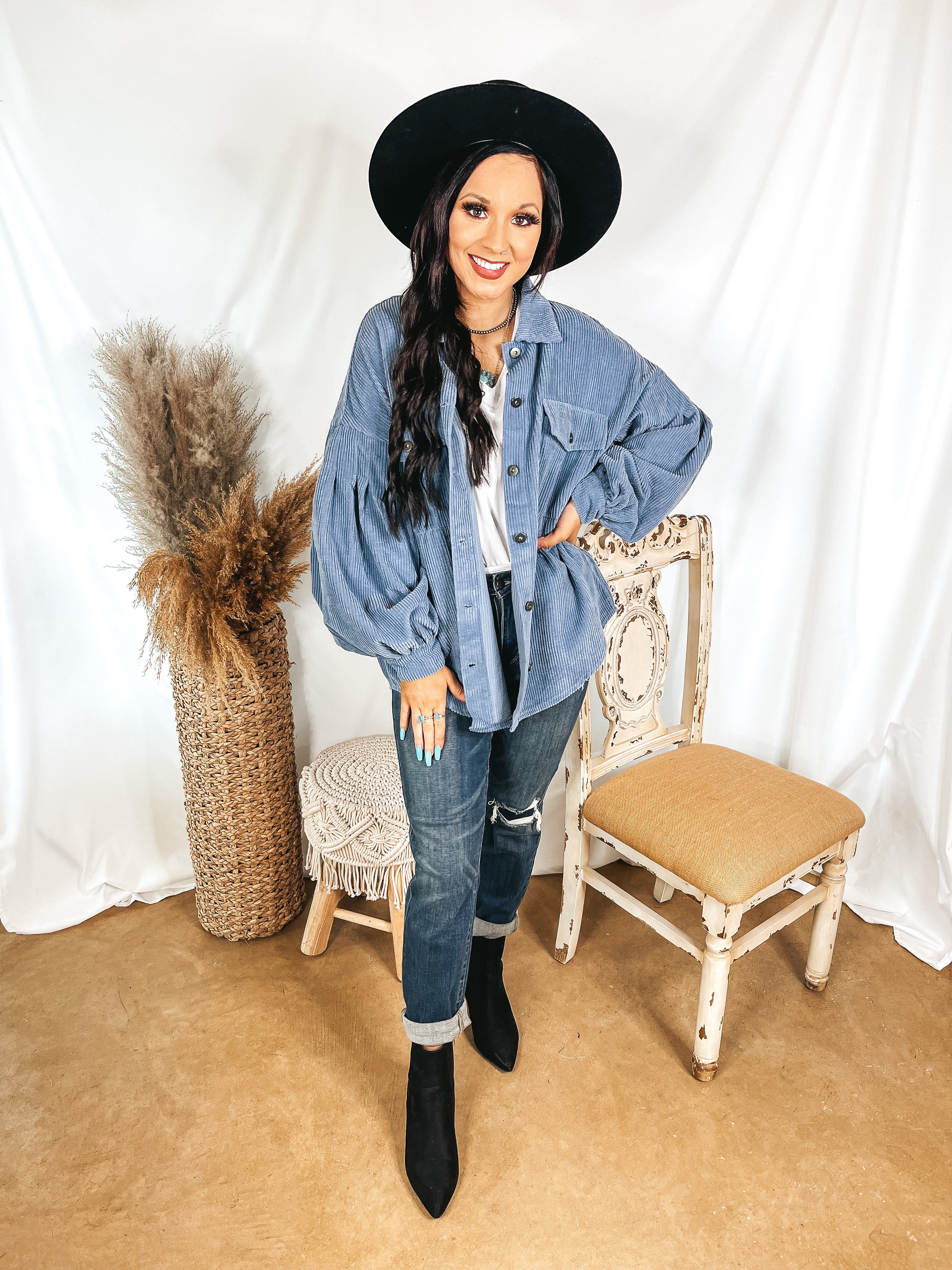 Cute Collab Button Up Corduroy Shacket with Balloon Sleeves in Dusty Blue - Giddy Up Glamour Boutique