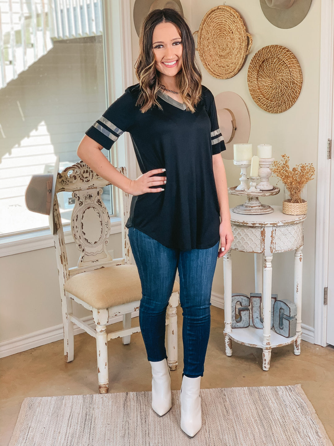 Last Chance Size Small | Divine Comfort Camouflage Detail V Neck Tee in Black - Giddy Up Glamour Boutique