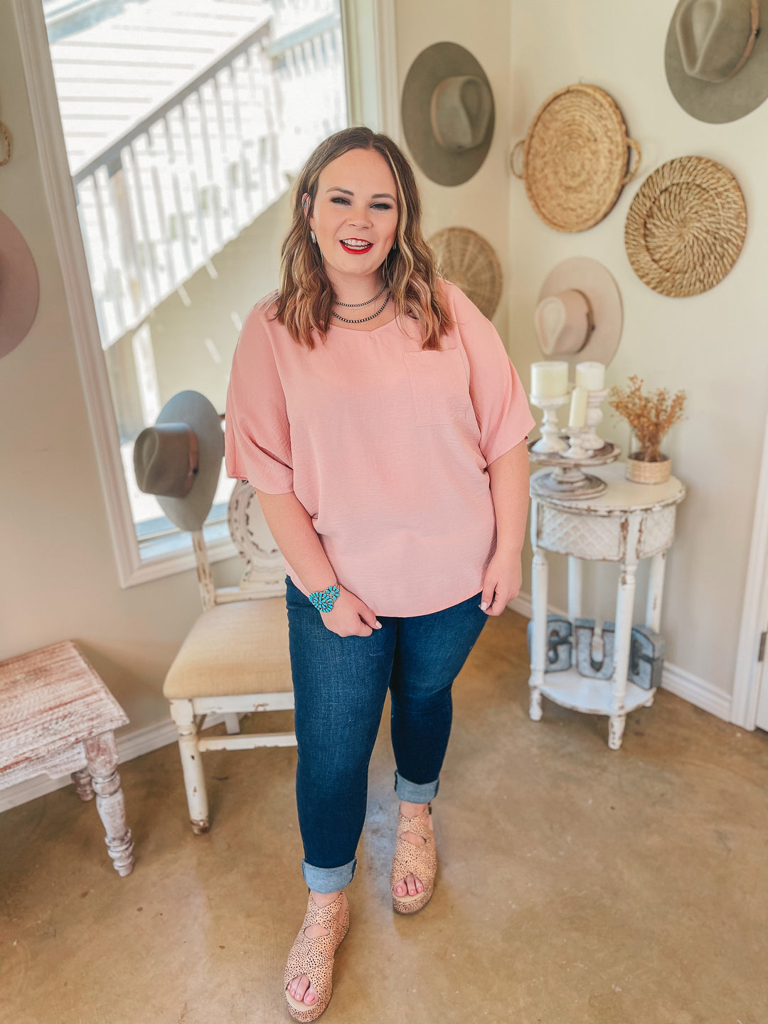 On Record V Neck Short Sleeve Shift Top with Front Pocket in Baby Pink - Giddy Up Glamour Boutique