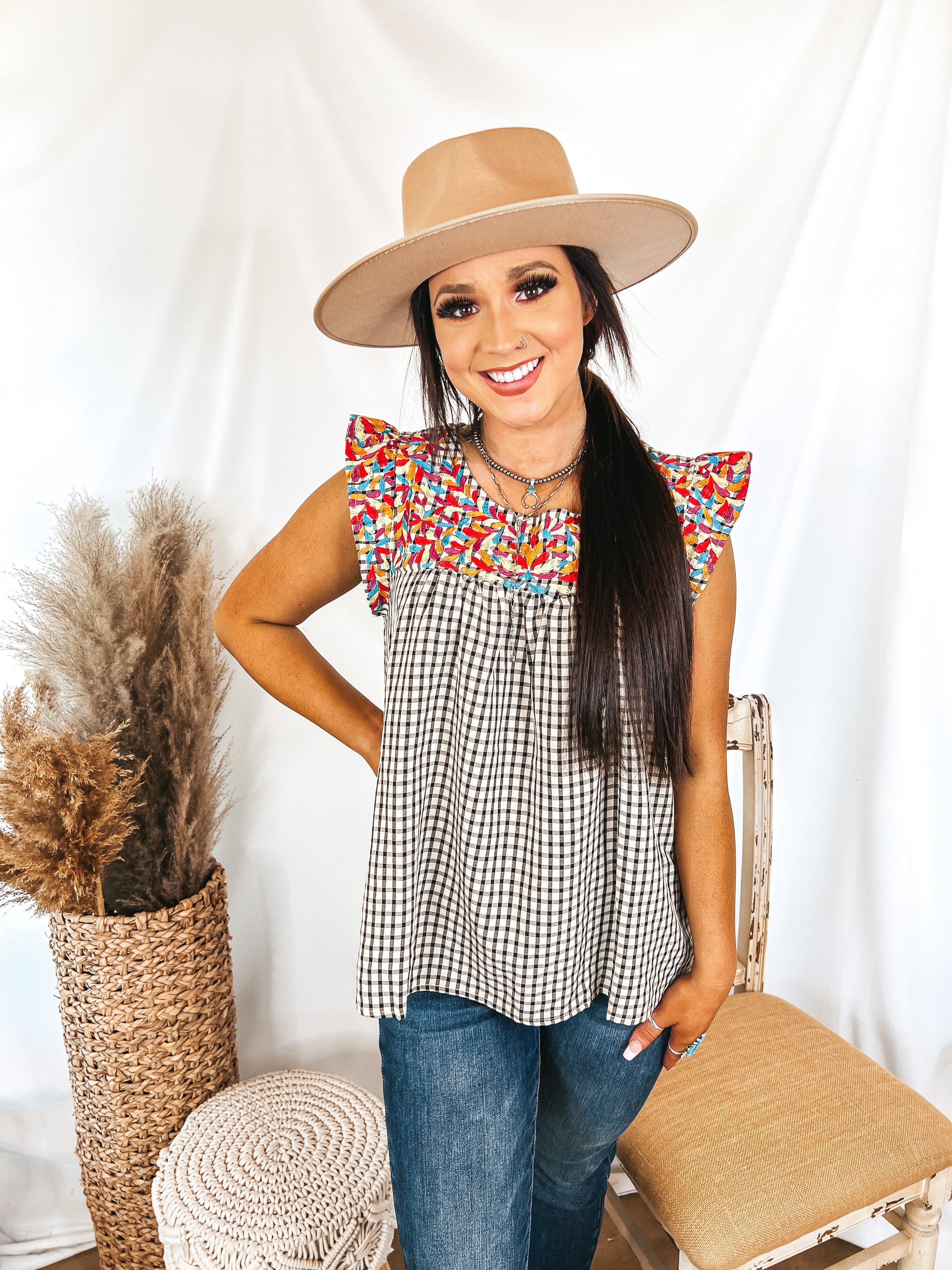 Afternoon Stroll Embroidered Plaid Top with Ruffle Cap Sleeves - Giddy Up Glamour Boutique