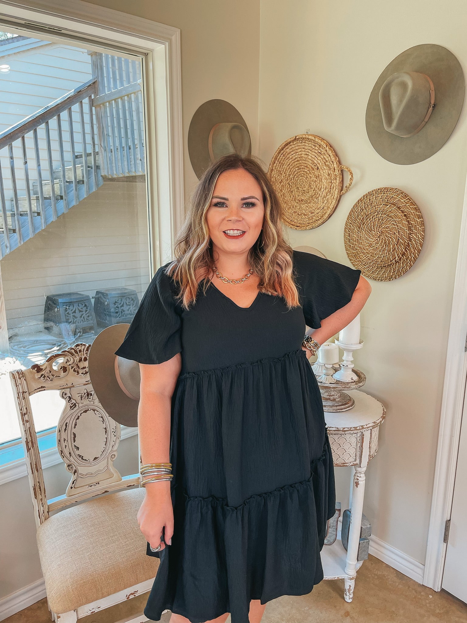 Waiting on Wednesday Short Sleeve Tiered Babydoll Dress in Black - Giddy Up Glamour Boutique
