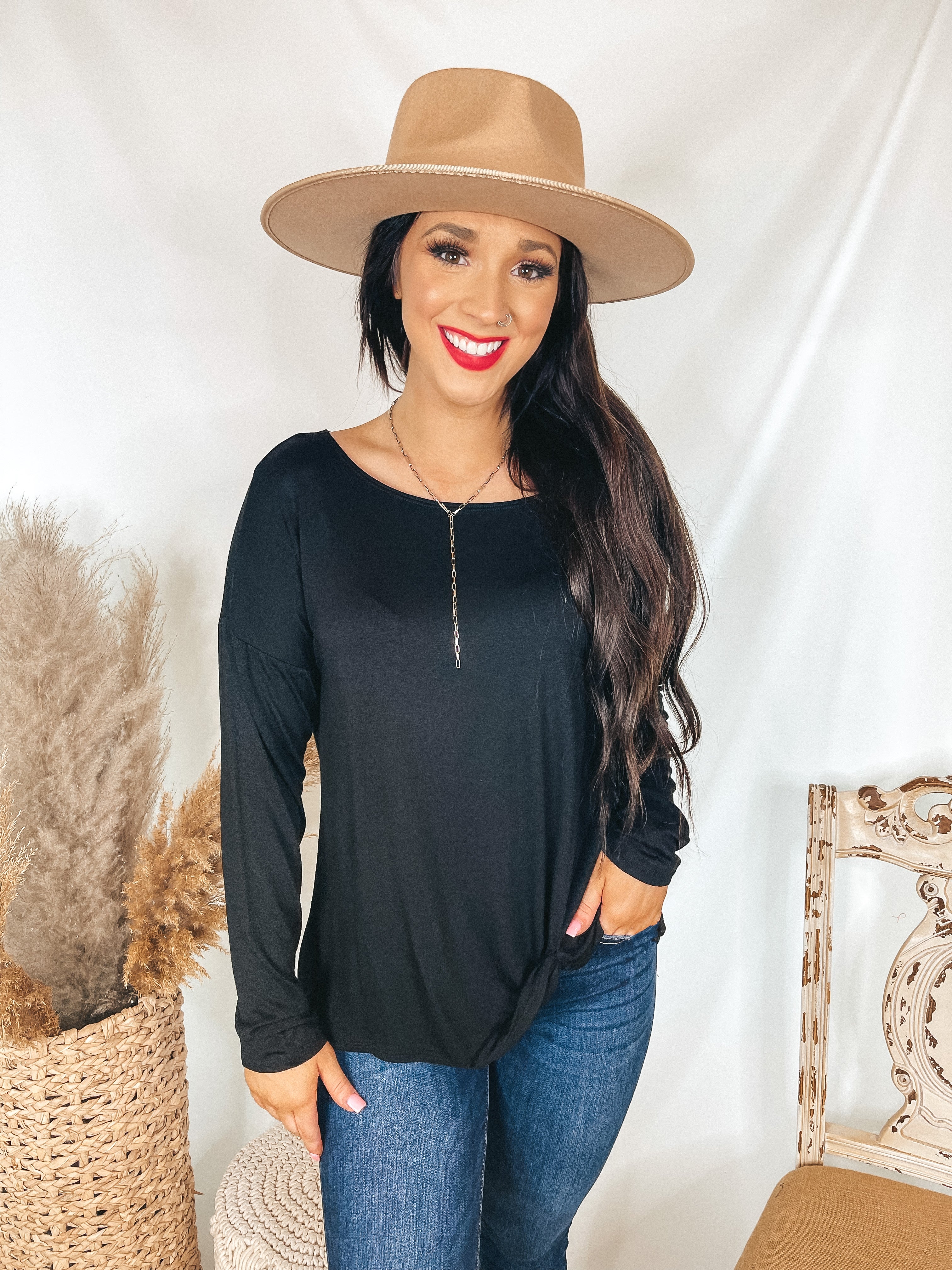 Iced Coffee Crush Long Sleeve Top with Front Knot in Black - Giddy Up Glamour Boutique