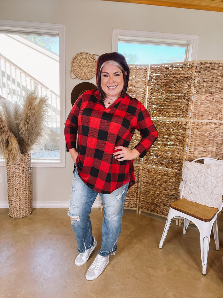 Scenic Route Buffalo Plaid Collared Tunic Top in Red - Giddy Up Glamour Boutique