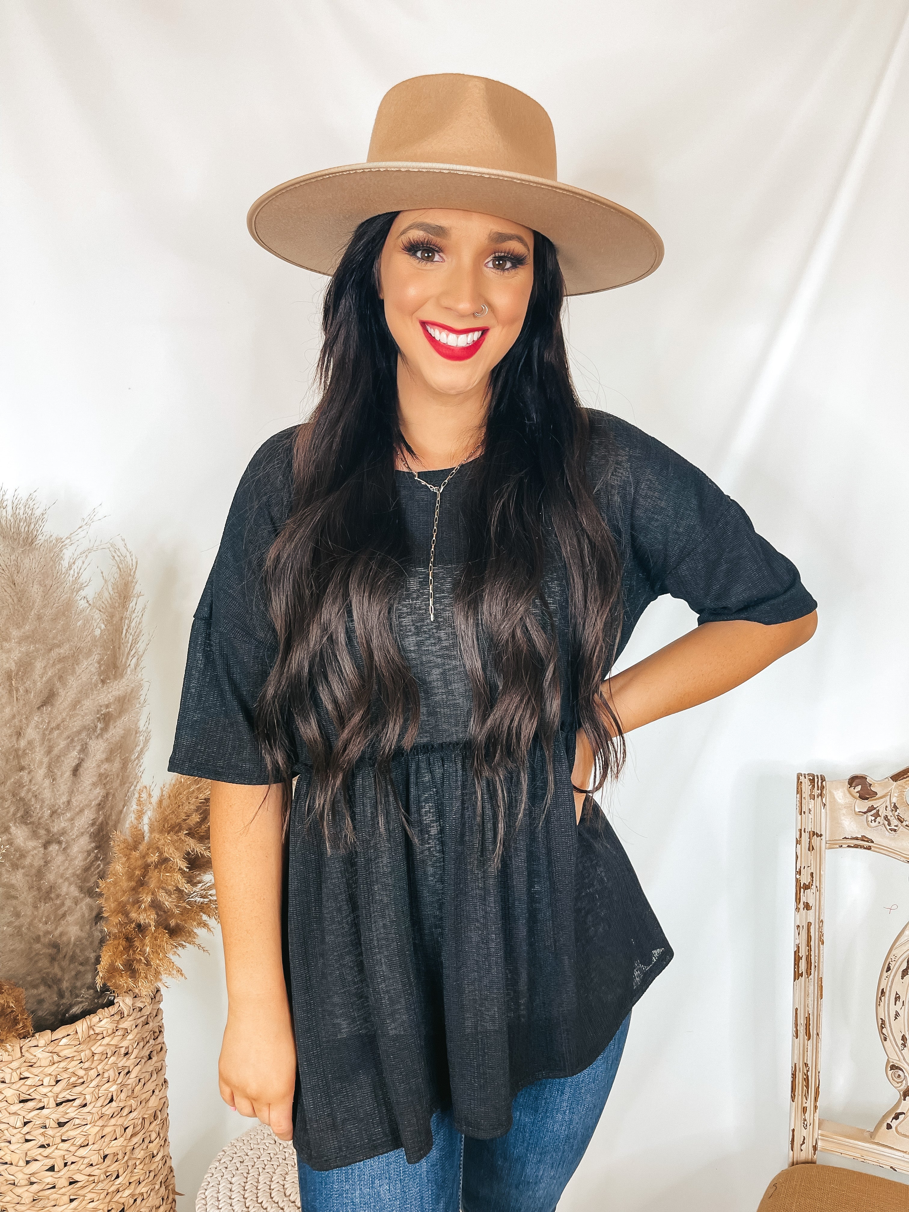 Classy and Casual Short Sleeve Babydoll Top in Black - Giddy Up Glamour Boutique