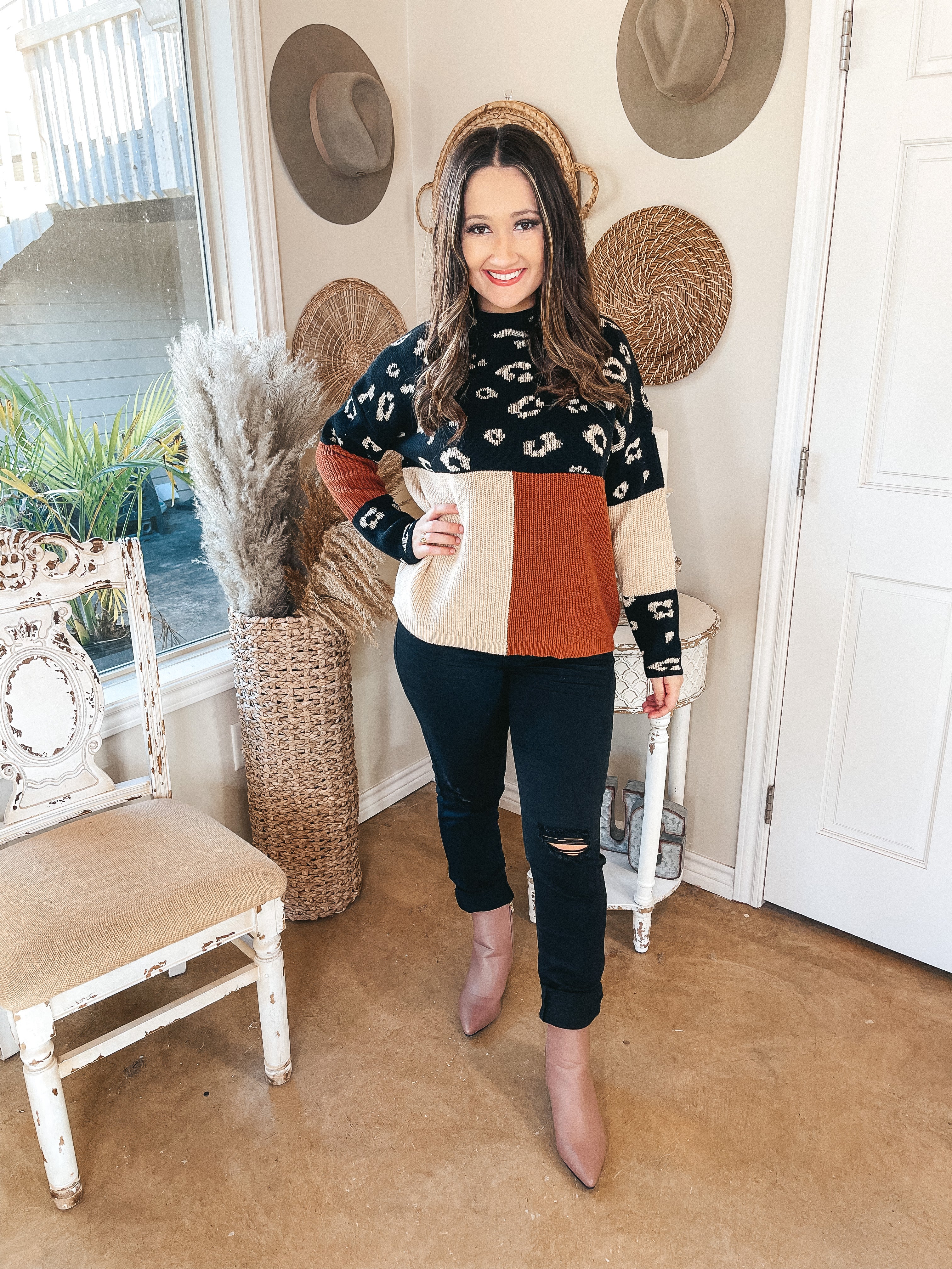 Just Warming Up Leopard Print Color Block Knit Pullover Sweater in Black & Rust - Giddy Up Glamour Boutique