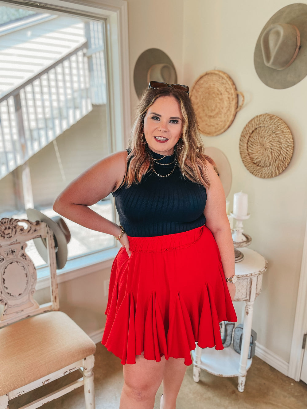 Afternoon Flights Ruffle Mini Skirt in Red - Giddy Up Glamour Boutique