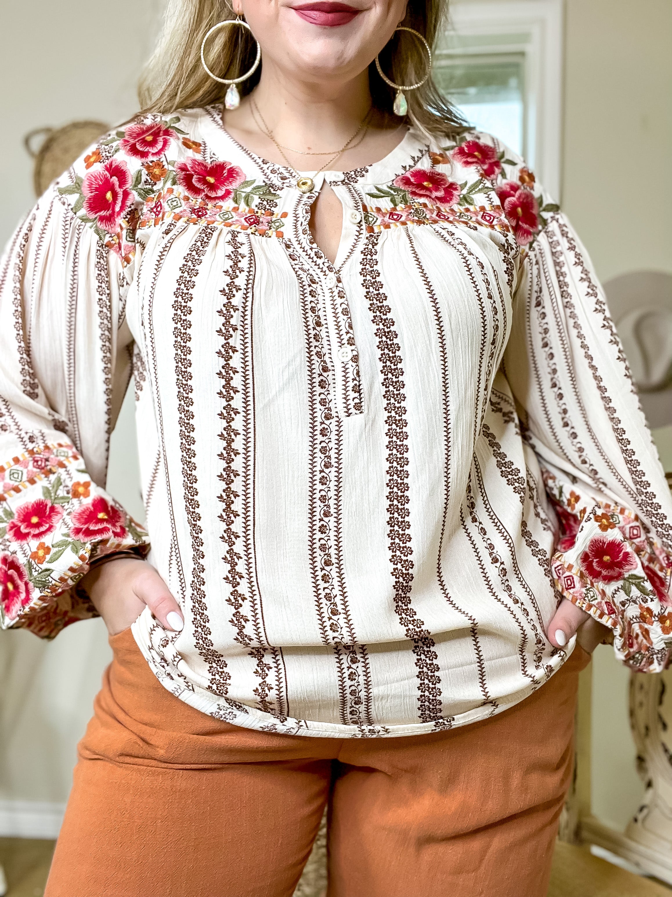Savanna Jane | New Trails Long Sleeve Tribal Print Floral Embroidered Top in Cream - Giddy Up Glamour Boutique