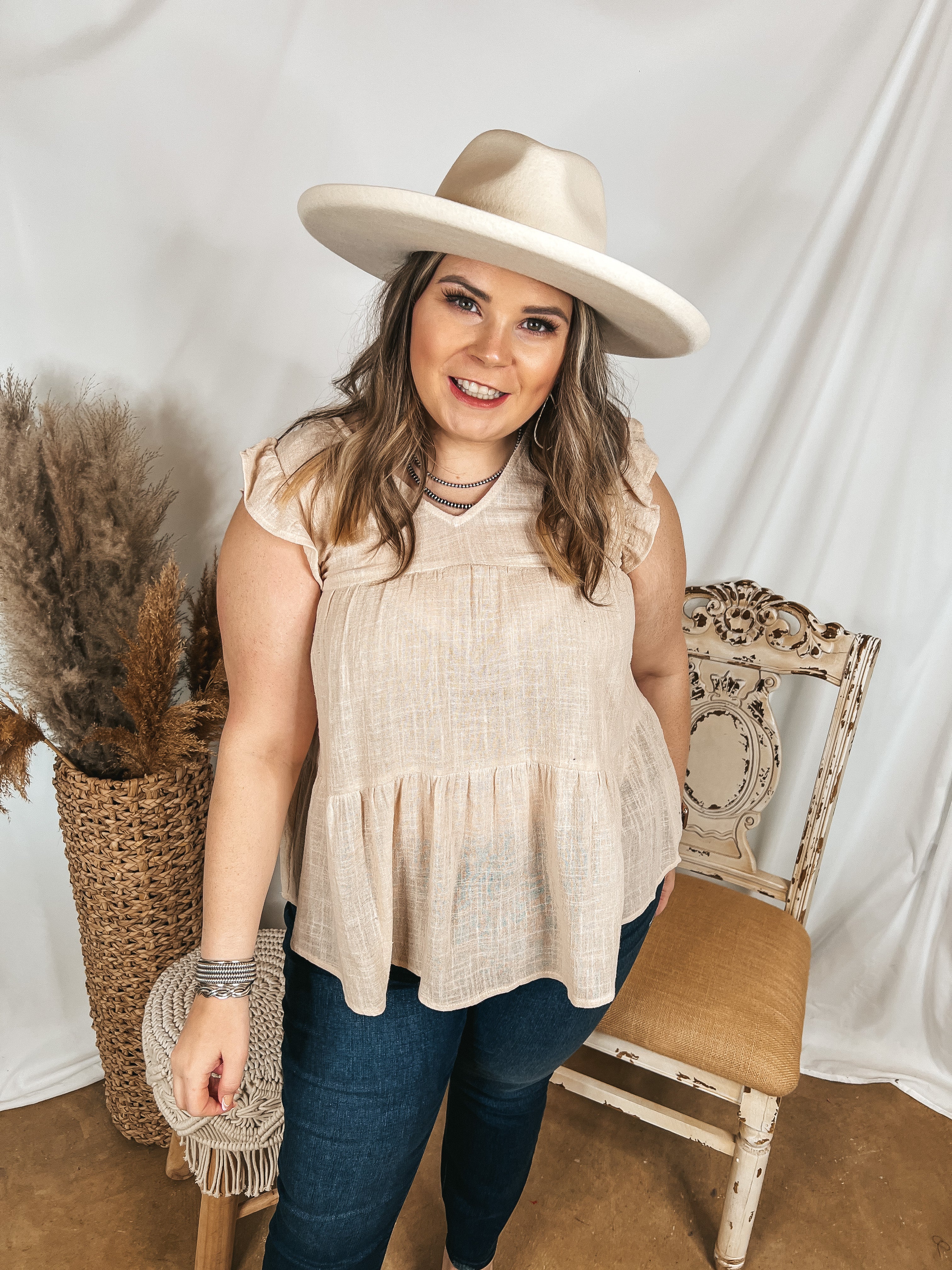 Stay Wonderful Solid Tiered Top with Ruffle Cap Sleeves in Natural - Giddy Up Glamour Boutique