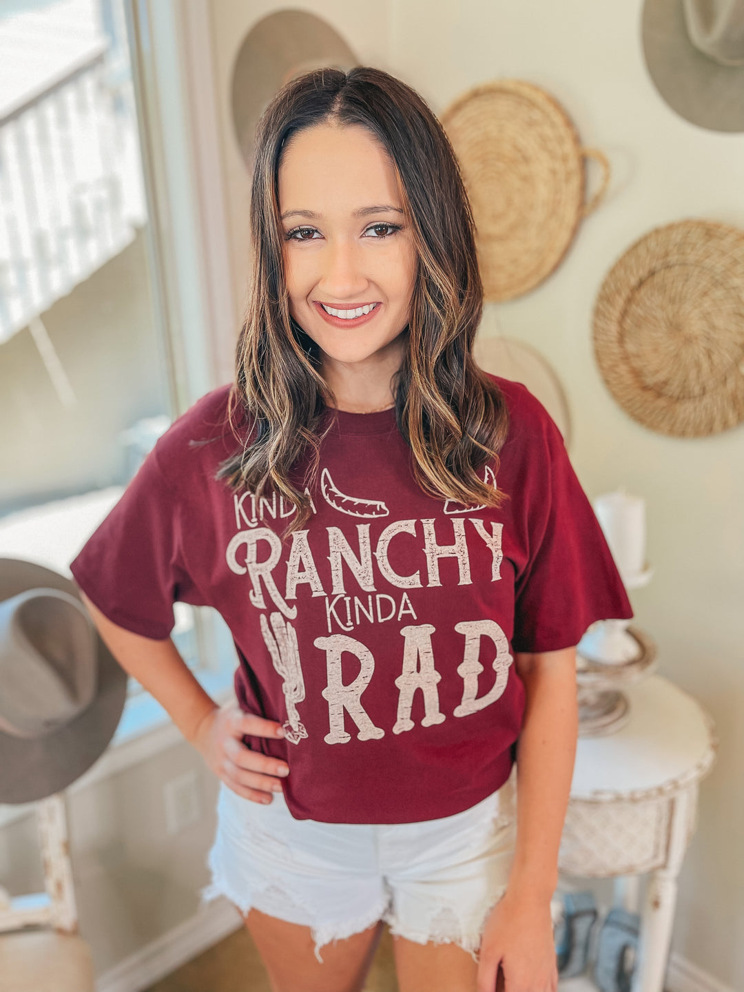 Kinda Ranchy Kinda Rad Short Sleeve Graphic Tee in Maroon - Giddy Up Glamour Boutique
