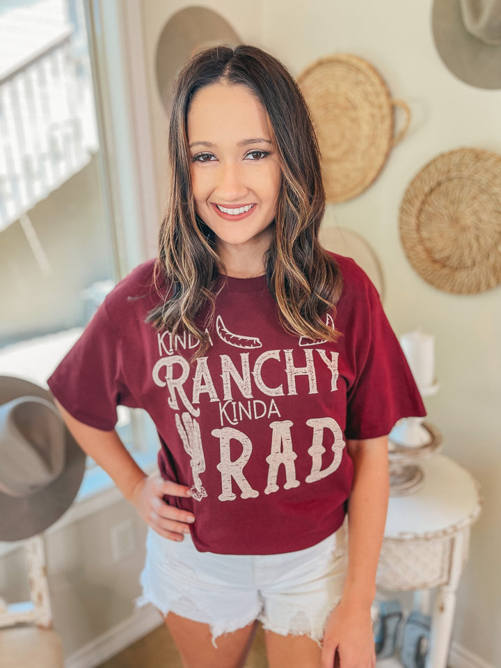 Kinda Ranchy Kinda Rad Short Sleeve Graphic Tee in Maroon - Giddy Up Glamour Boutique