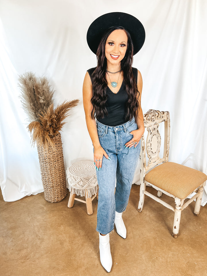 Perfect Night V Neck Tank Bodysuit in Black - Giddy Up Glamour Boutique