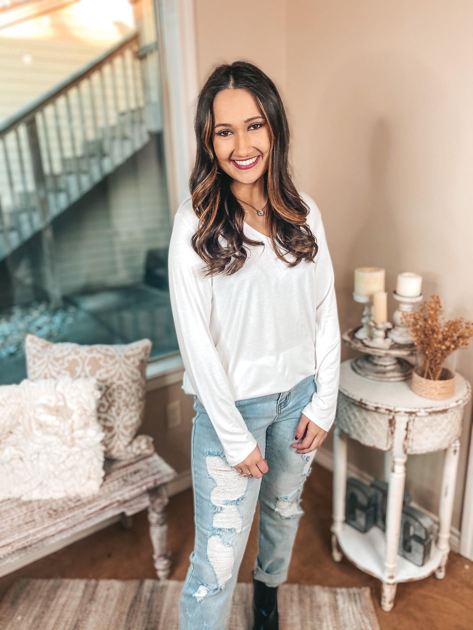 It's That Simple Solid V Neck Long Sleeve Tee in Ivory - Giddy Up Glamour Boutique