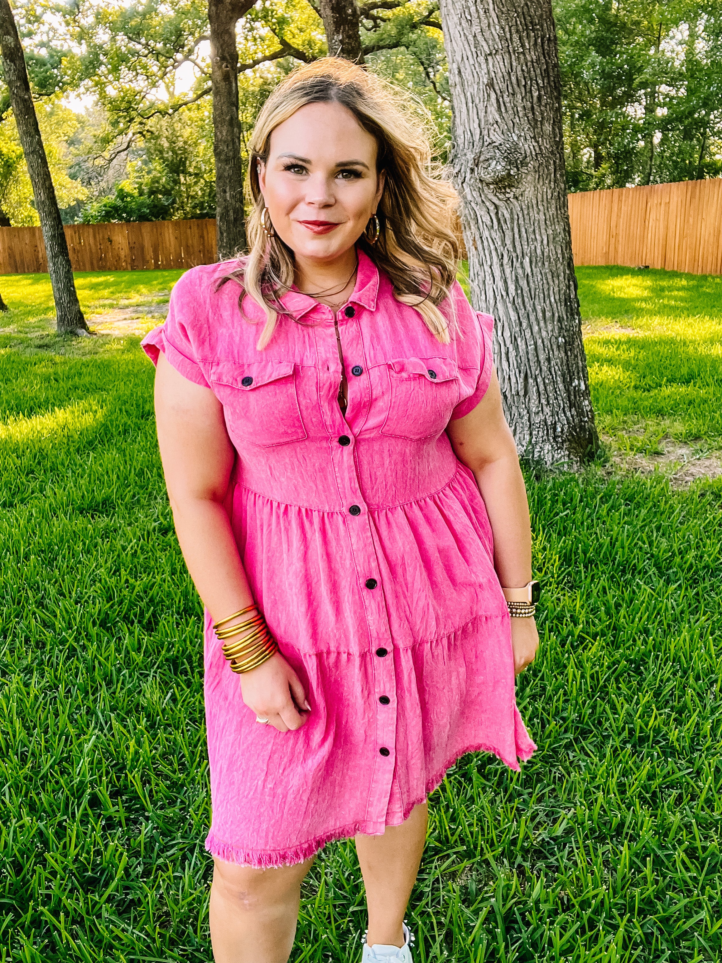 Oh Darling Ruffle Tiered Button Up Dress in Fuchsia Pink - Giddy Up Glamour Boutique