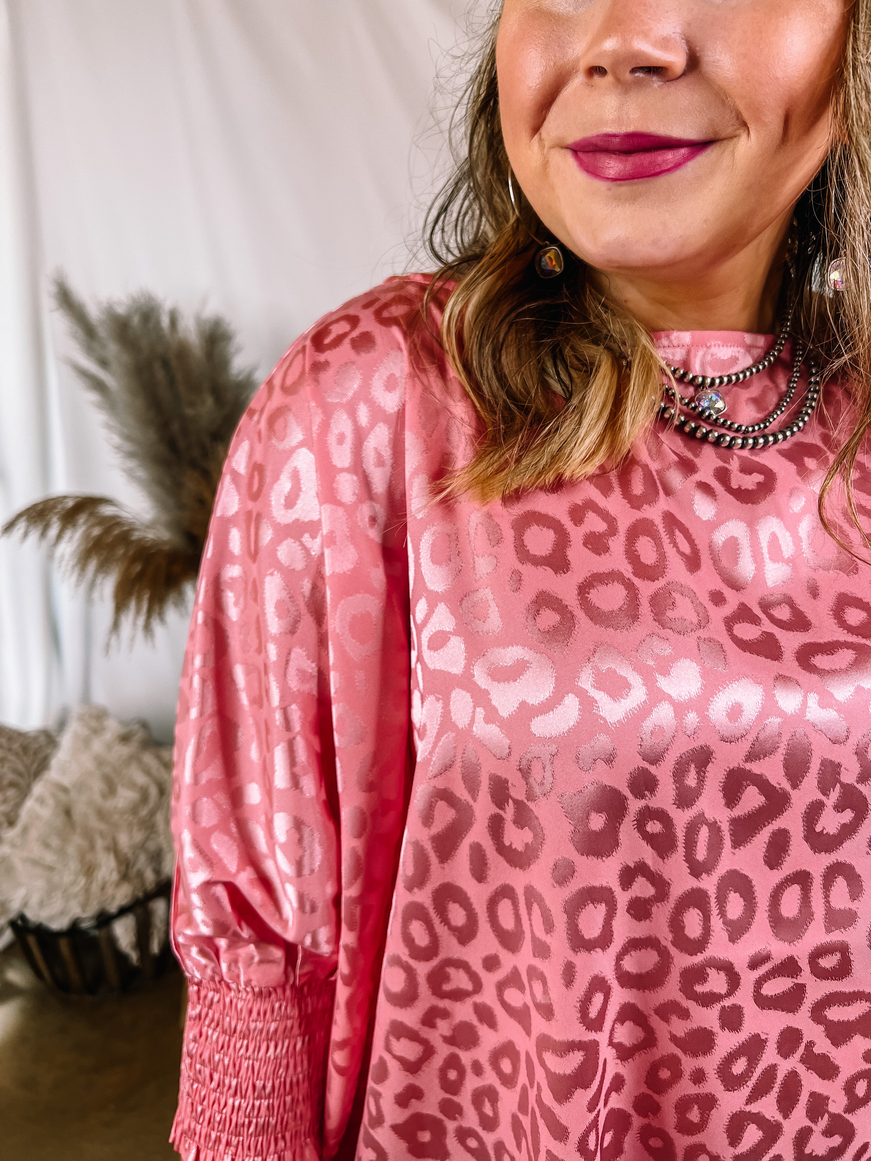 Growing and Glowing Smocked 3/4 Sleeve Oversized Satin Leopard Print Blouse in Pink - Giddy Up Glamour Boutique
