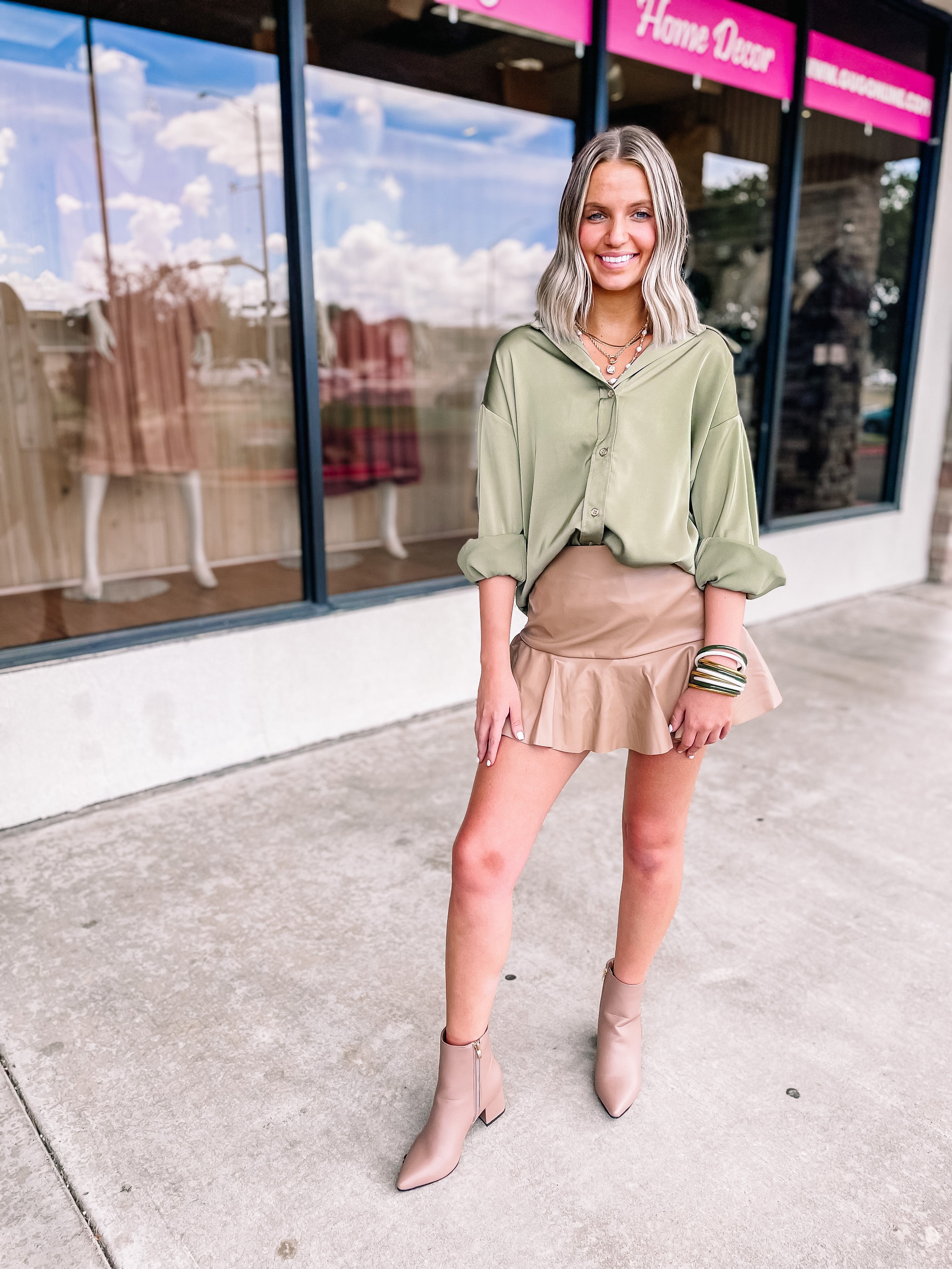 Dose of Dreamy Faux Leather Ruffle Mini Skort in Taupe - Giddy Up Glamour Boutique