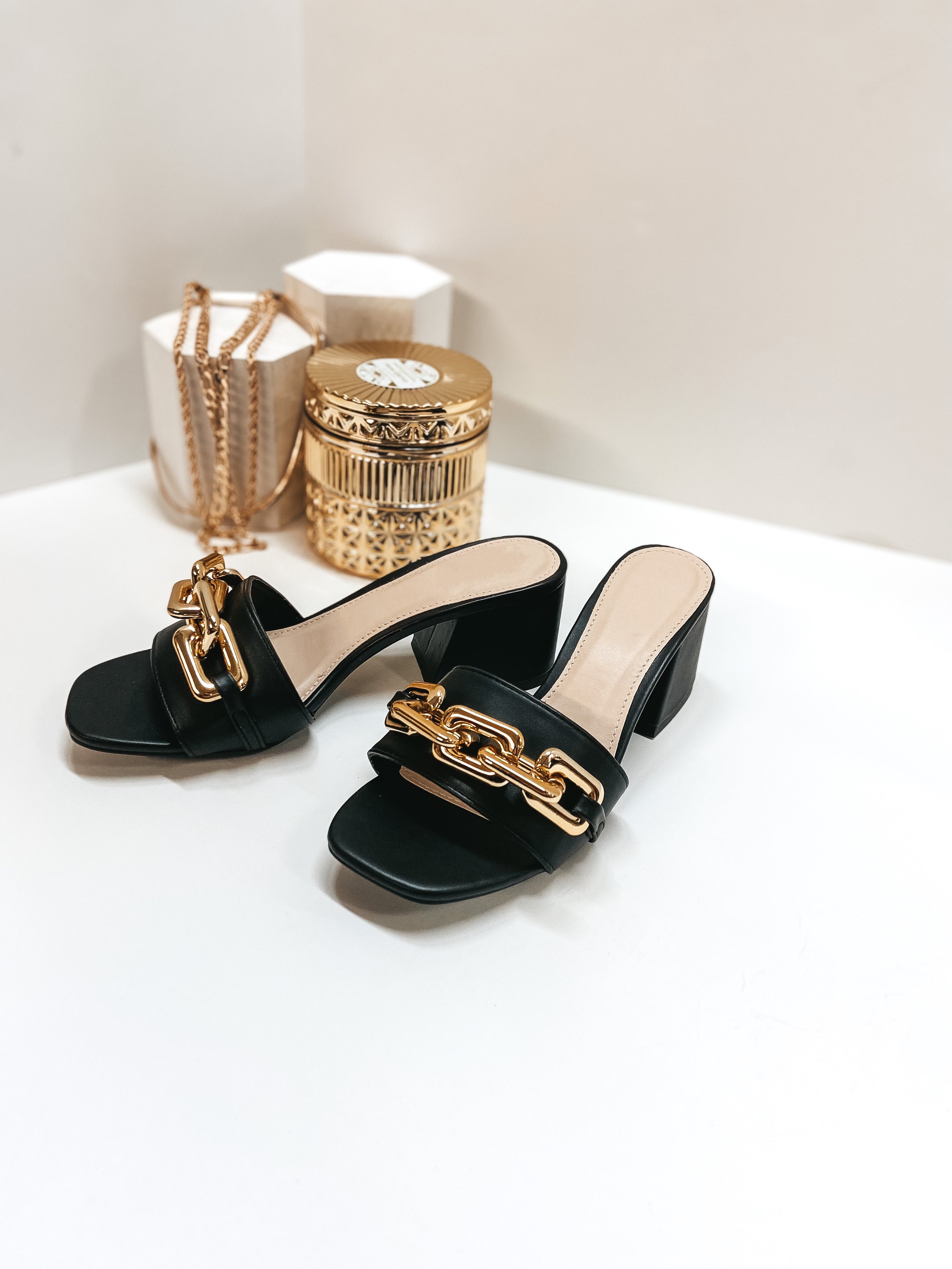Grand Entrance Gold Chain Mini Block Heels in Black - Giddy Up Glamour Boutique