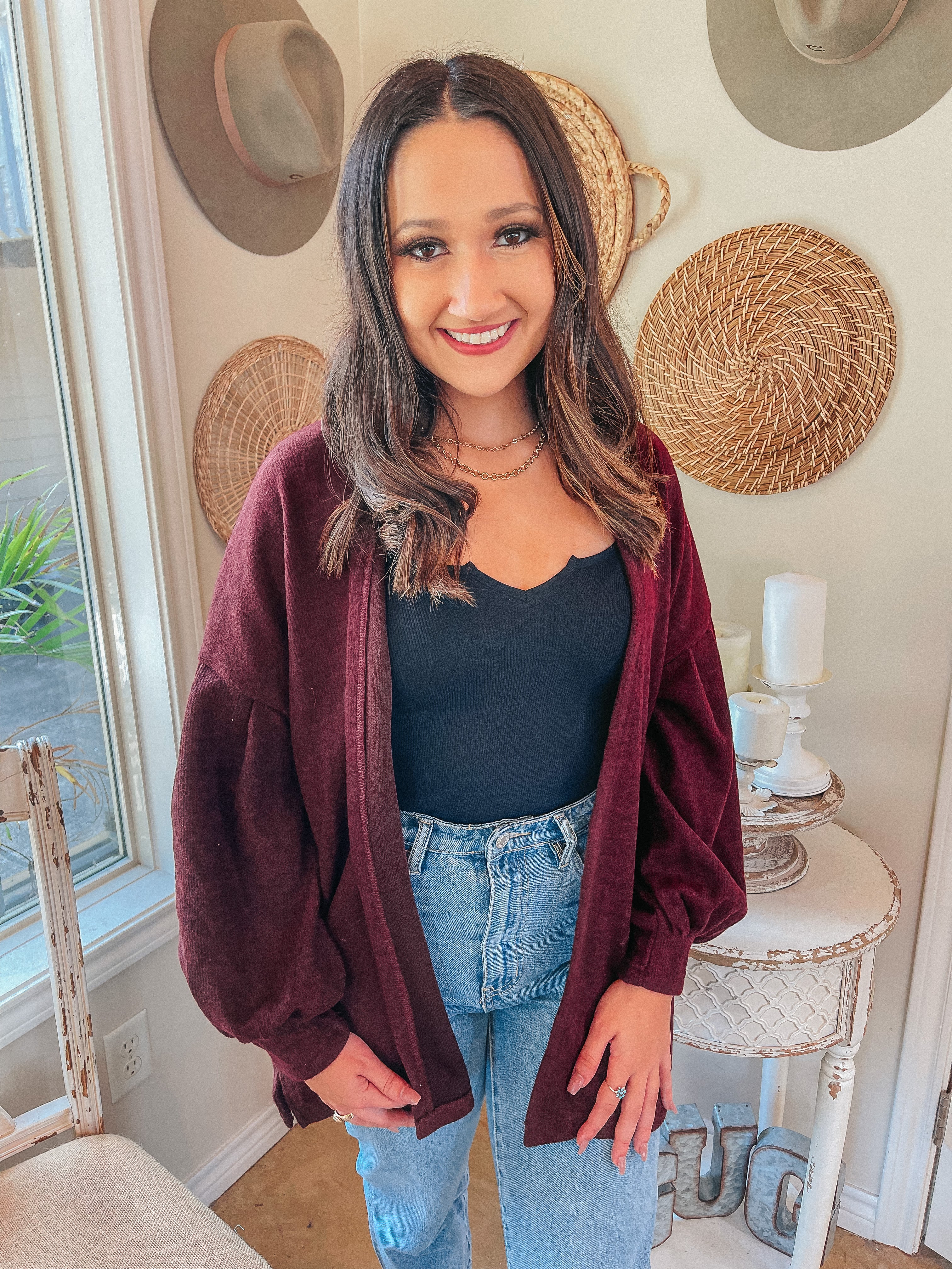 Fireside Snuggles Balloon Sleeve Brushed Open Front Cardigan in Maroon - Giddy Up Glamour Boutique