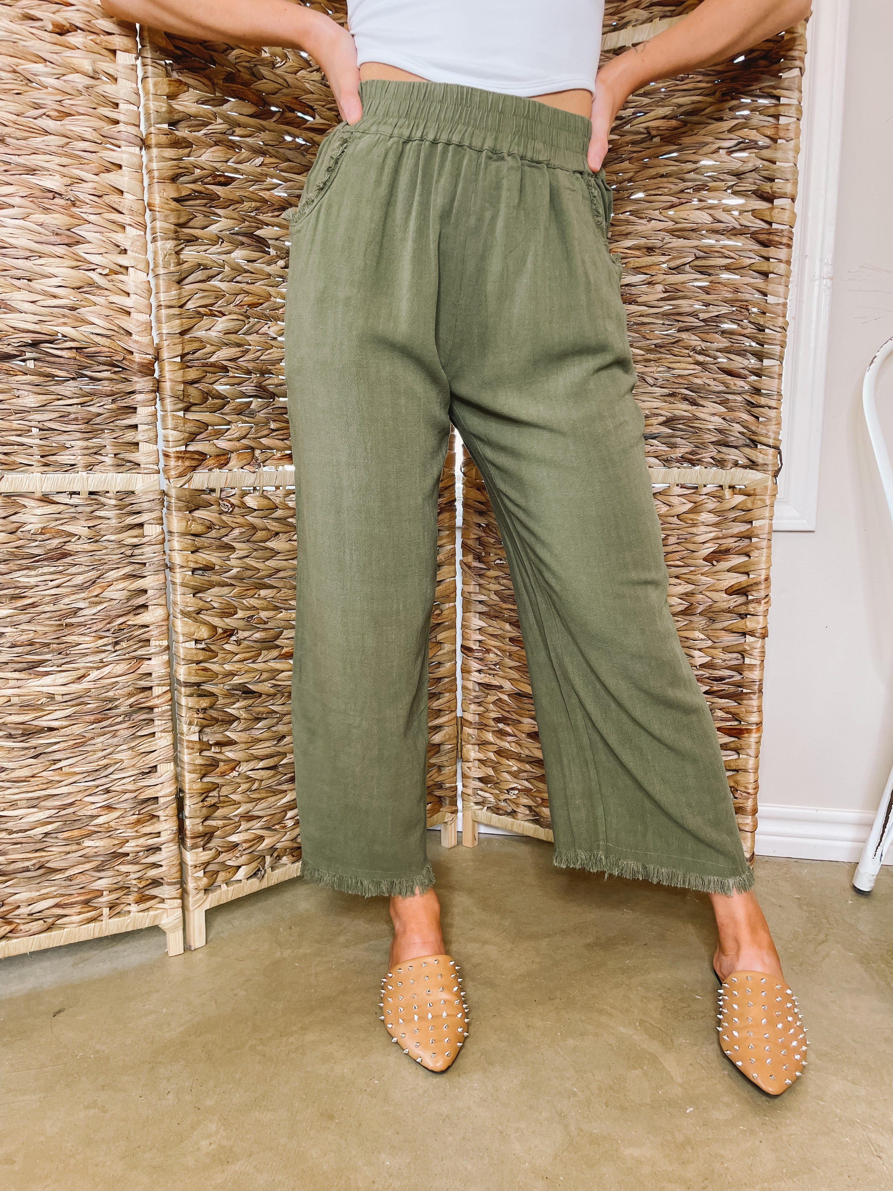 Right On Cue Drawstring Cropped Pants with Frayed Hem in Olive Green - Giddy Up Glamour Boutique