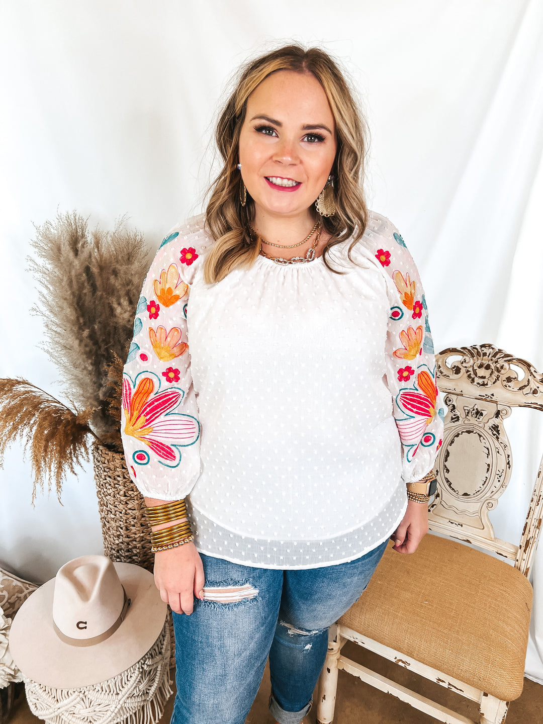 Right About You Floral Embroidered 3/4 Sleeve Top in White - Giddy Up Glamour Boutique