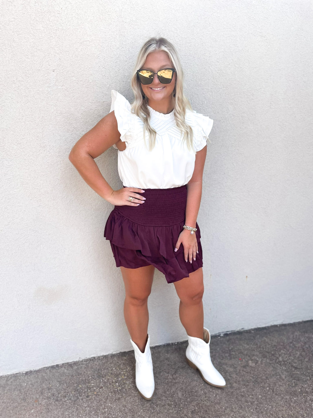 Expect The Best Pleated Upper Blouse with Ruffle Cap Sleeves in White - Giddy Up Glamour Boutique