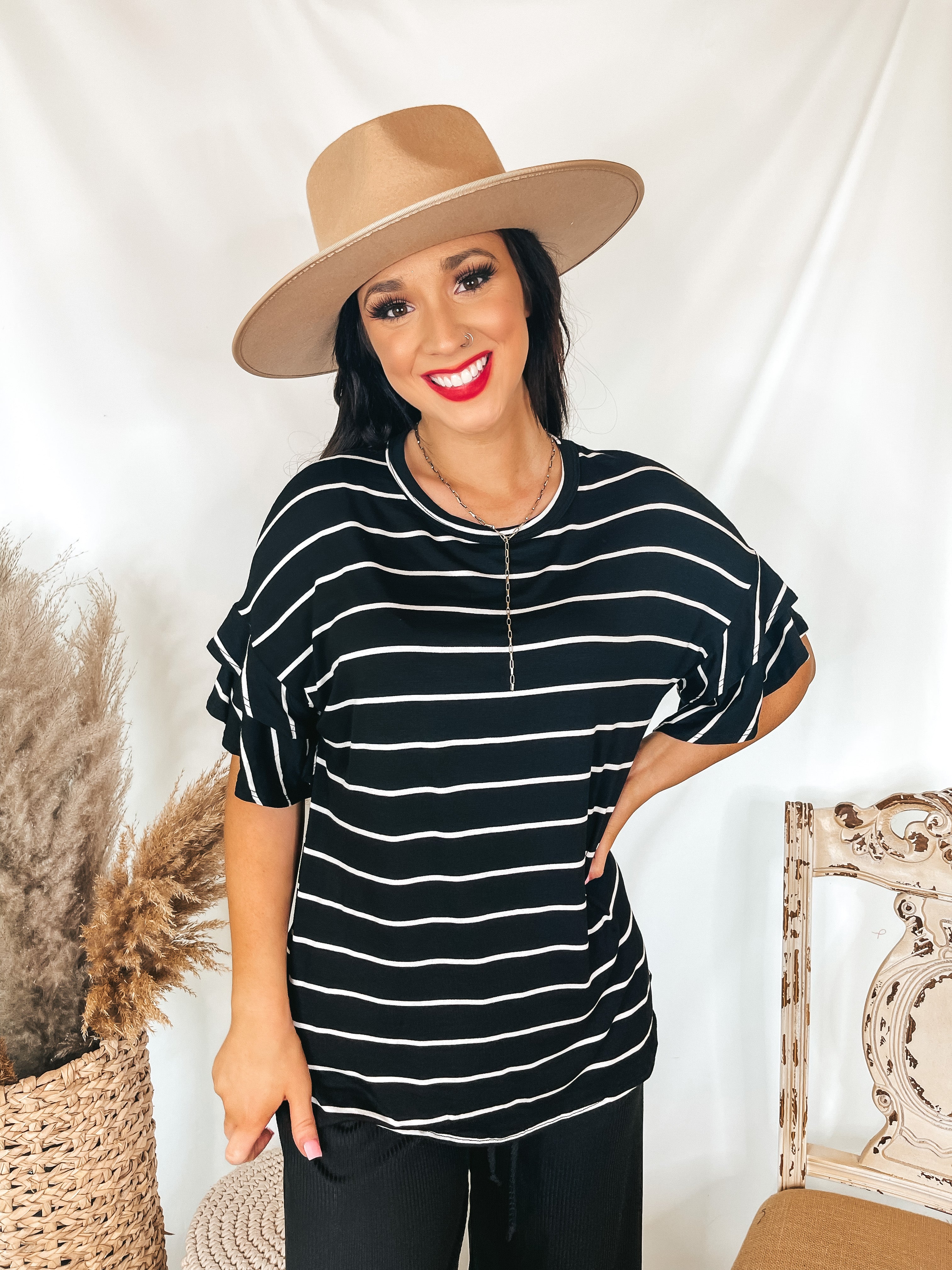 Set The Standard Striped Top with Short Ruffle Sleeves in Black - Giddy Up Glamour Boutique