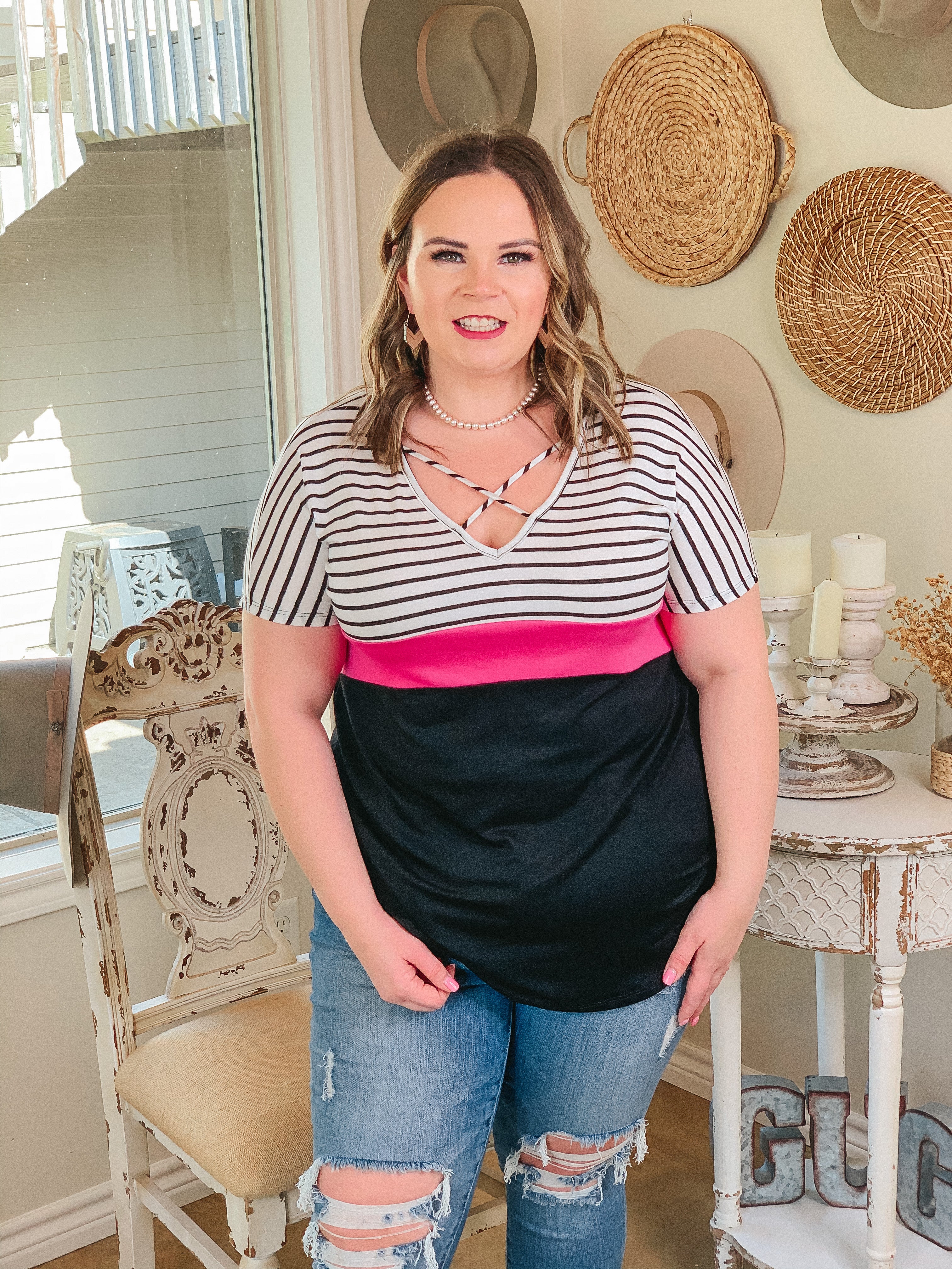 Last Chance Size Small & Med. | Magnetic Energy Black and White Striped Print Block Top with Black and Pink Bottom - Giddy Up Glamour Boutique