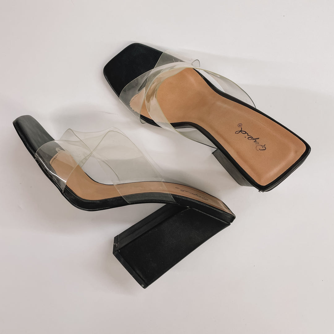 Model Shoes Size 9 | High Hopes Clear Criss Cross Block Heels in Black - Giddy Up Glamour Boutique
