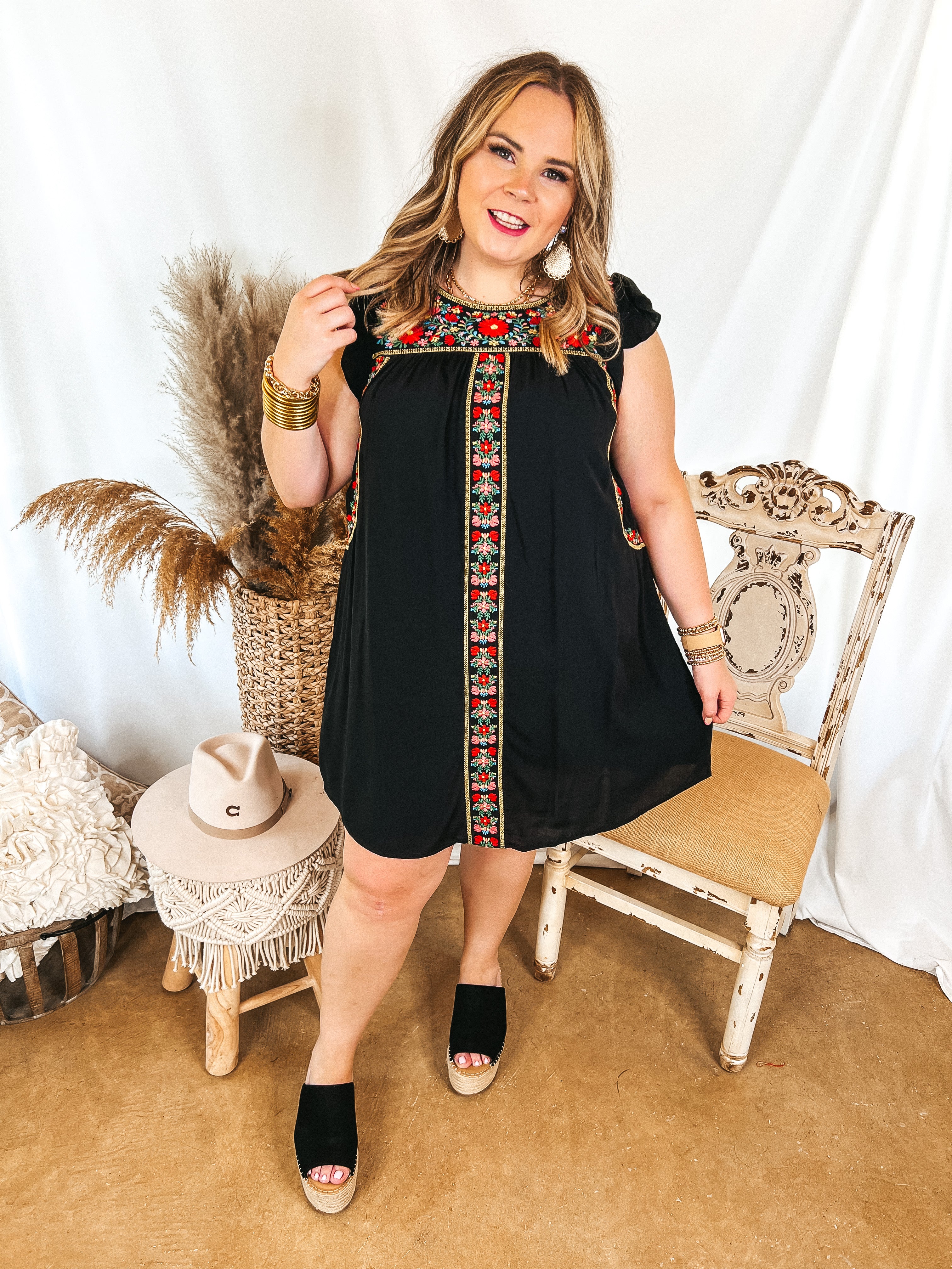 Last Chance Size Small | Enchanting Ways Embroidered Dress with Ruffle Cap Sleeves in Black - Giddy Up Glamour Boutique