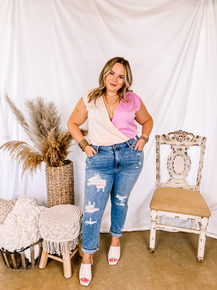 Steal The Night Color Block V Neck Bodysuit in Ivory and Lilac Pink - Giddy Up Glamour Boutique