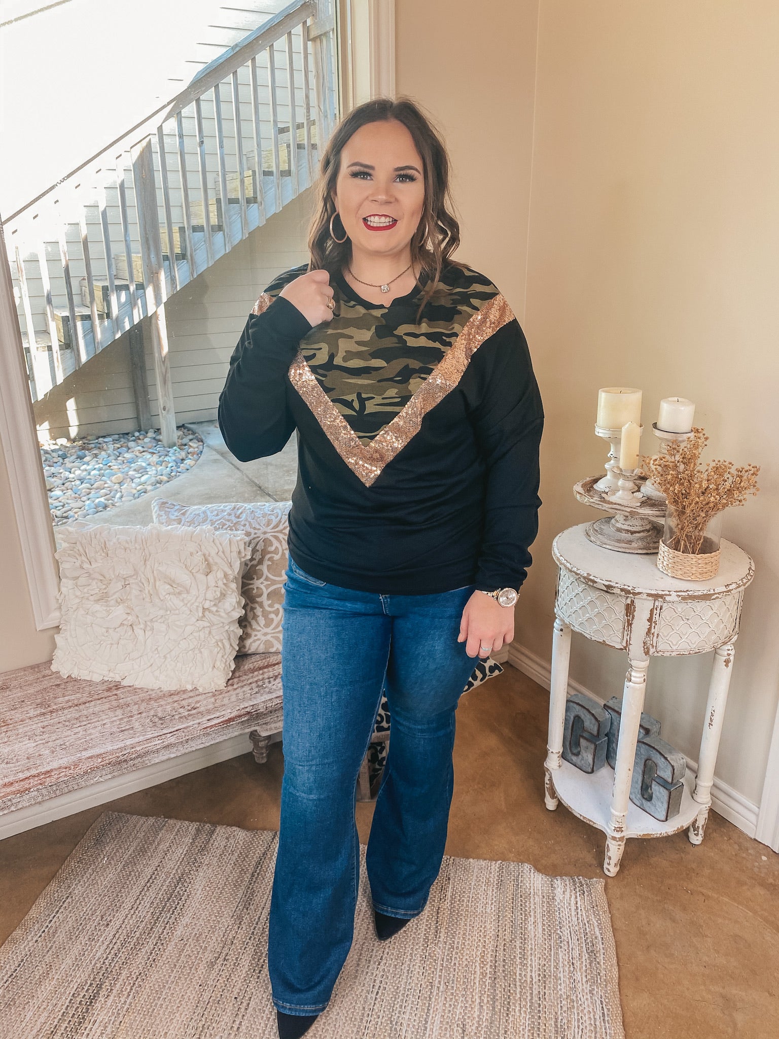 Last Chance Size Small & 3XL | A Sparkly Mindset Camouflage and Sequin Color Block Top in Black - Giddy Up Glamour Boutique