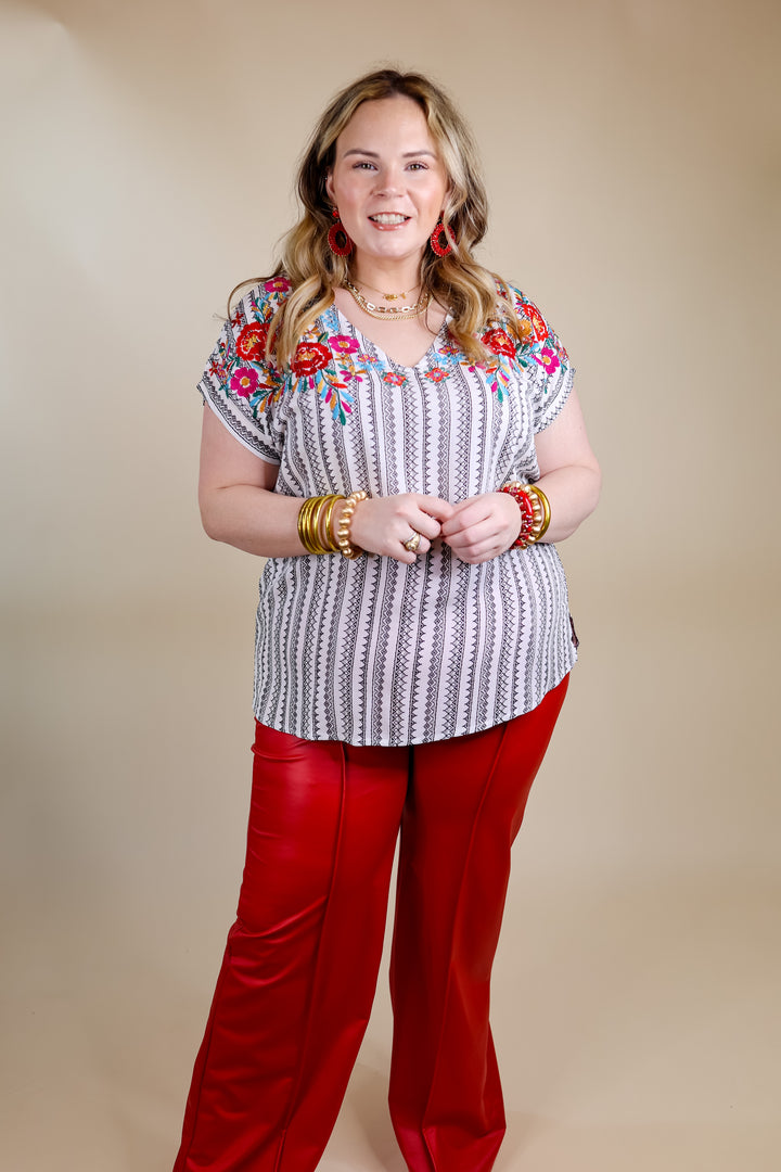 Happy Rush Tribal Stripe V Neck Top with Floral Embroidery in White - Giddy Up Glamour Boutique