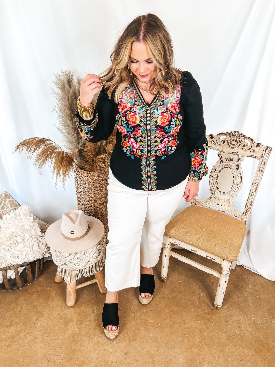 Brunch With Me Long Sleeve Embroidered Top with V Neckline in Black - Giddy Up Glamour Boutique