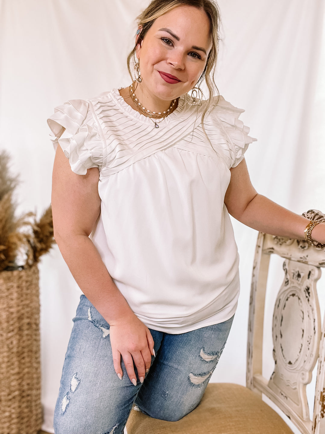 Expect The Best Pleated Upper Blouse with Ruffle Cap Sleeves in White - Giddy Up Glamour Boutique