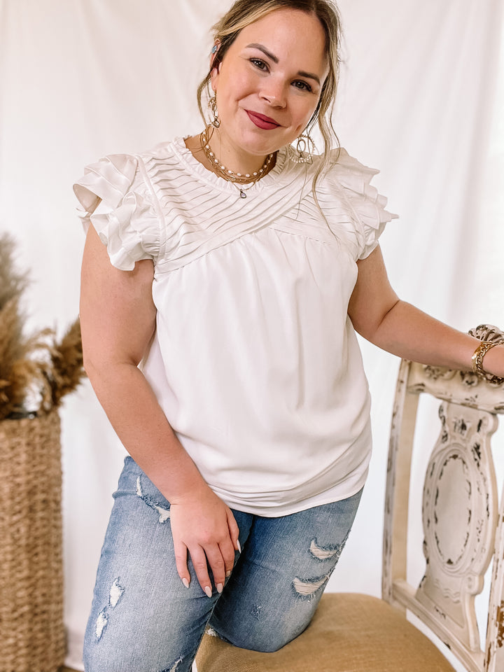 Expect The Best Pleated Upper Blouse with Ruffle Cap Sleeves in White - Giddy Up Glamour Boutique