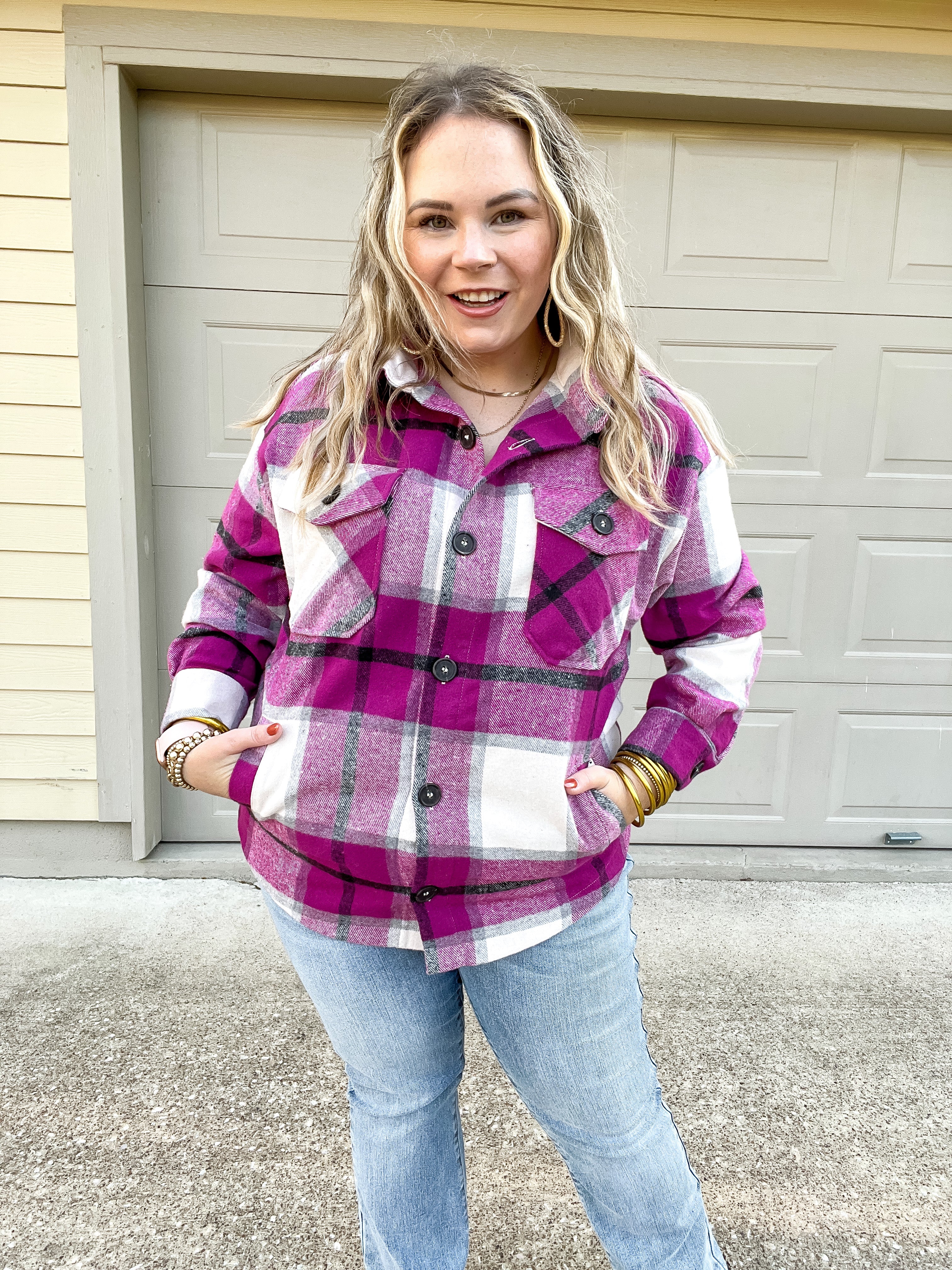 Autumn Air Plaid Button Up Shacket in Magenta - Giddy Up Glamour Boutique