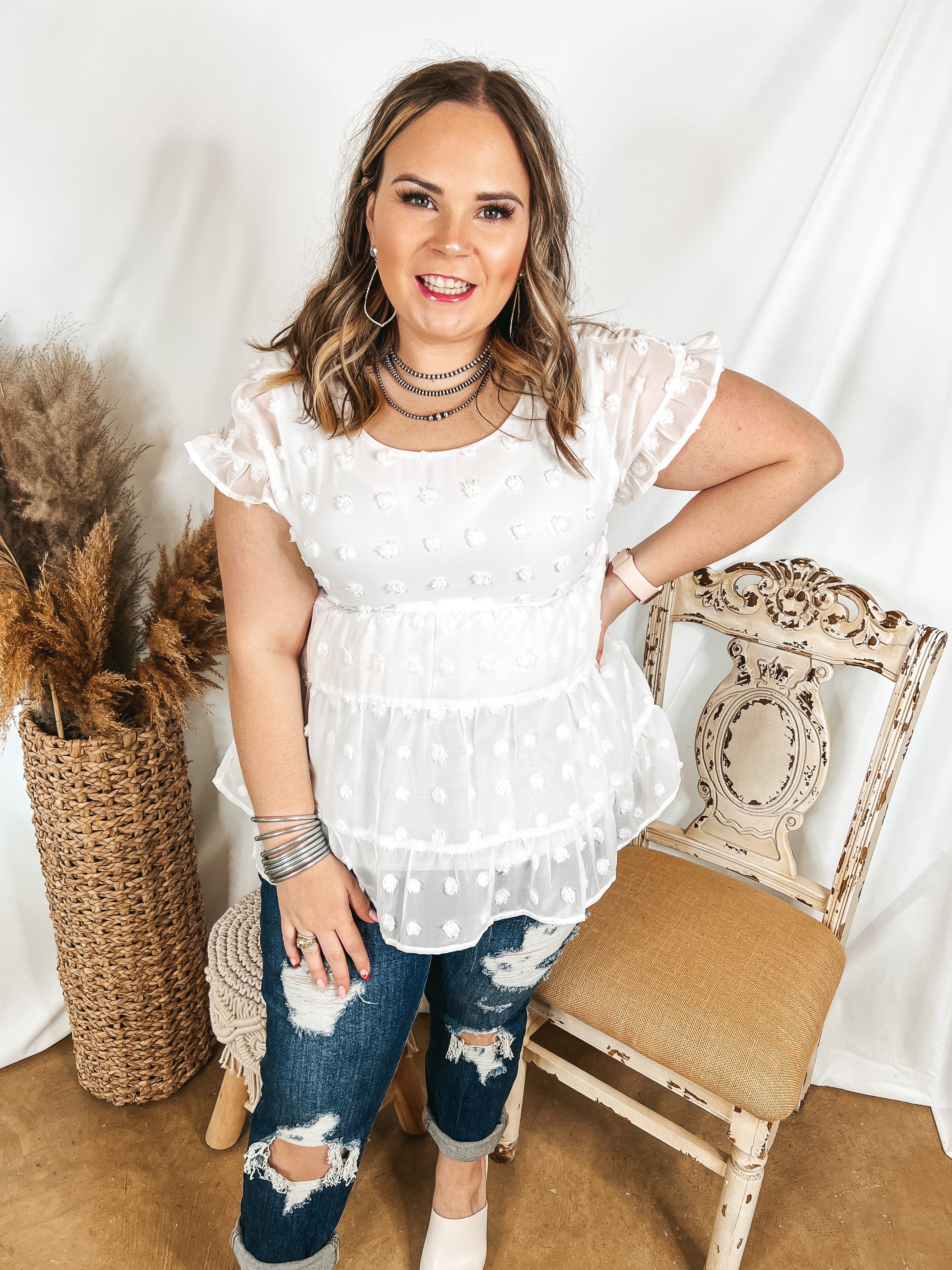 Such A Delight Tiered Swiss Dot Top with Ruffle Cap Sleeves in White - Giddy Up Glamour Boutique