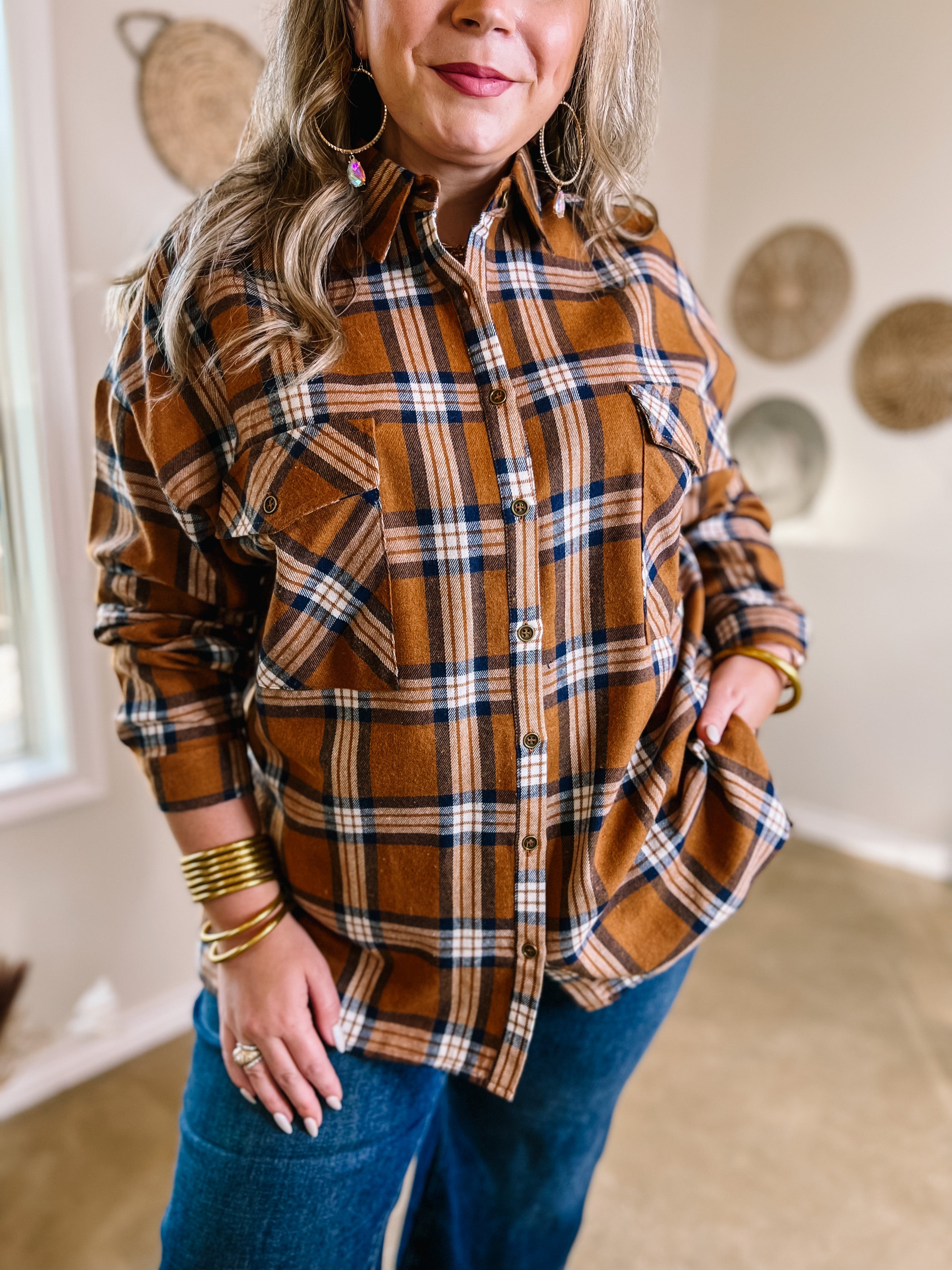 Cheery Mood Button Up Plaid Flannel Top in Camel Brown - Giddy Up Glamour Boutique