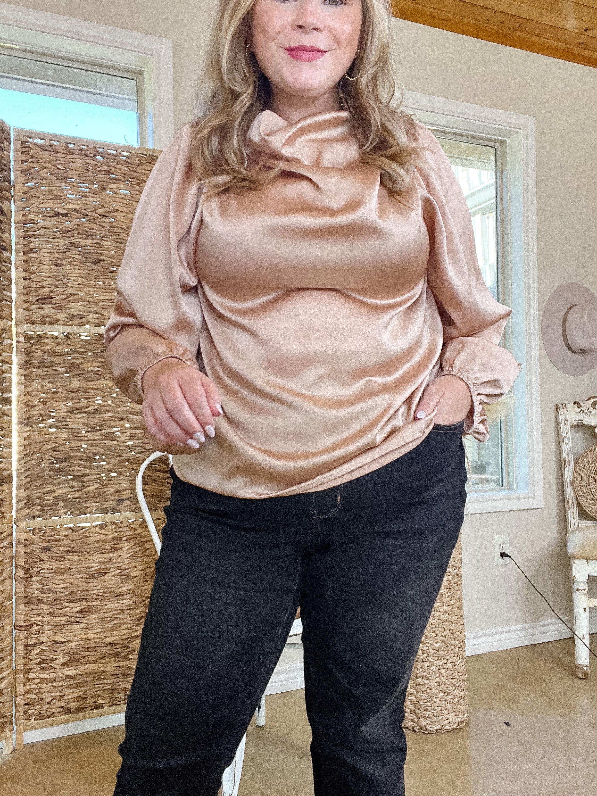 Afternoon in Asheville High Cowl Neck Long Sleeve Crepe Blouse in Champagne - Giddy Up Glamour Boutique