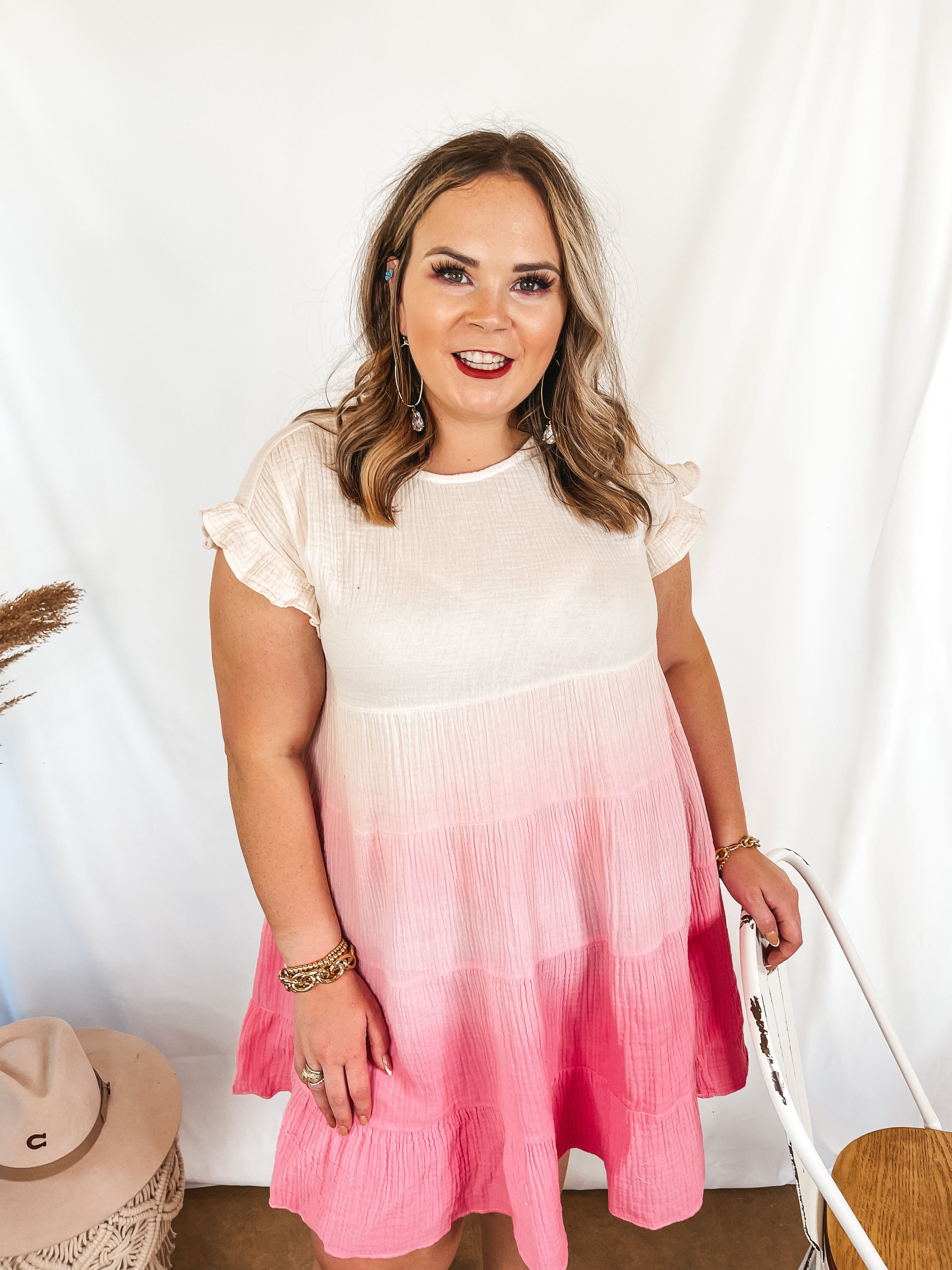 All the Love Songs Ombre Ruffle Tiered Dress in Ivory and Pink - Giddy Up Glamour Boutique