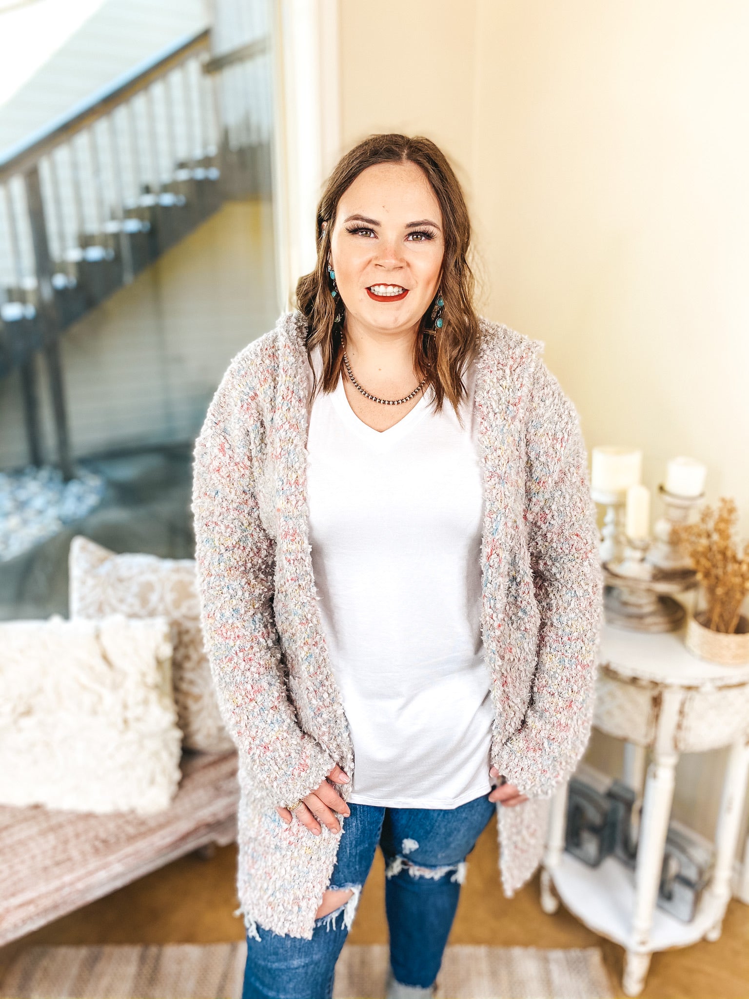 Cotton Candy Dreams Hooded Cardigan with Multi Stitching in Grey - Giddy Up Glamour Boutique