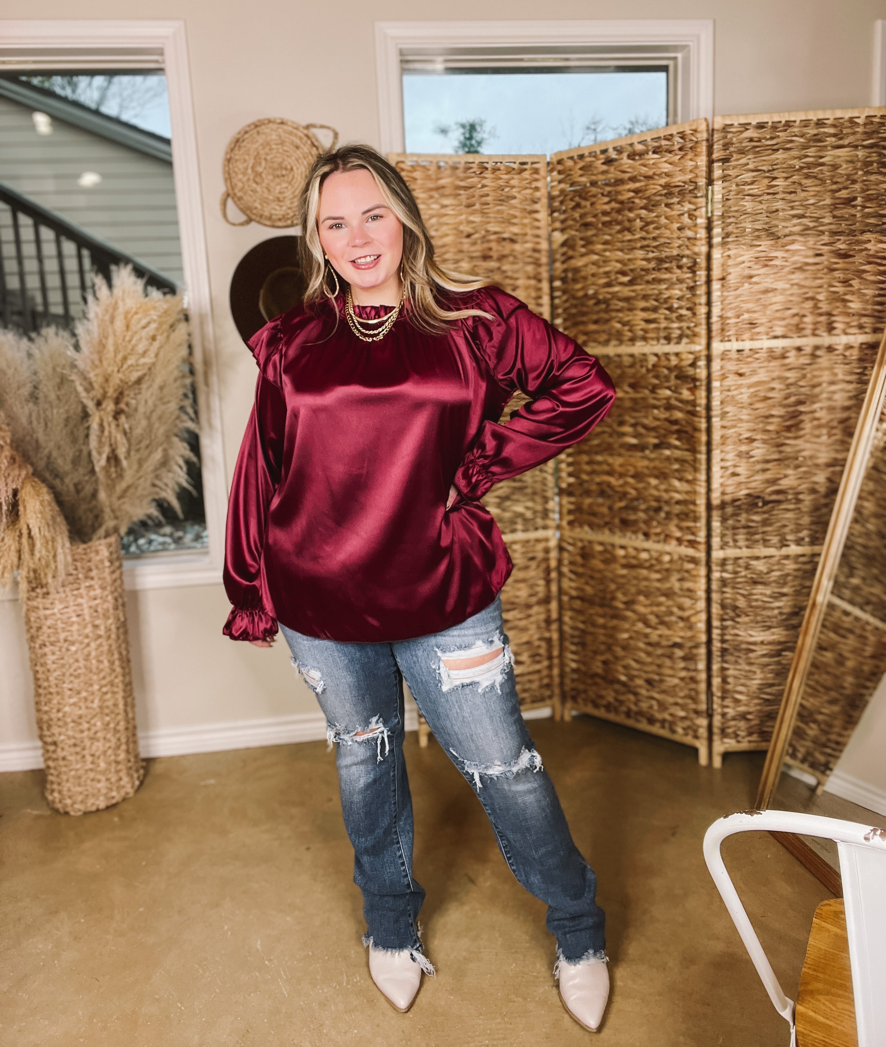 Can't Stop Me Ruffle Mock Neck Long Sleeve Satin Top in Maroon - Giddy Up Glamour Boutique