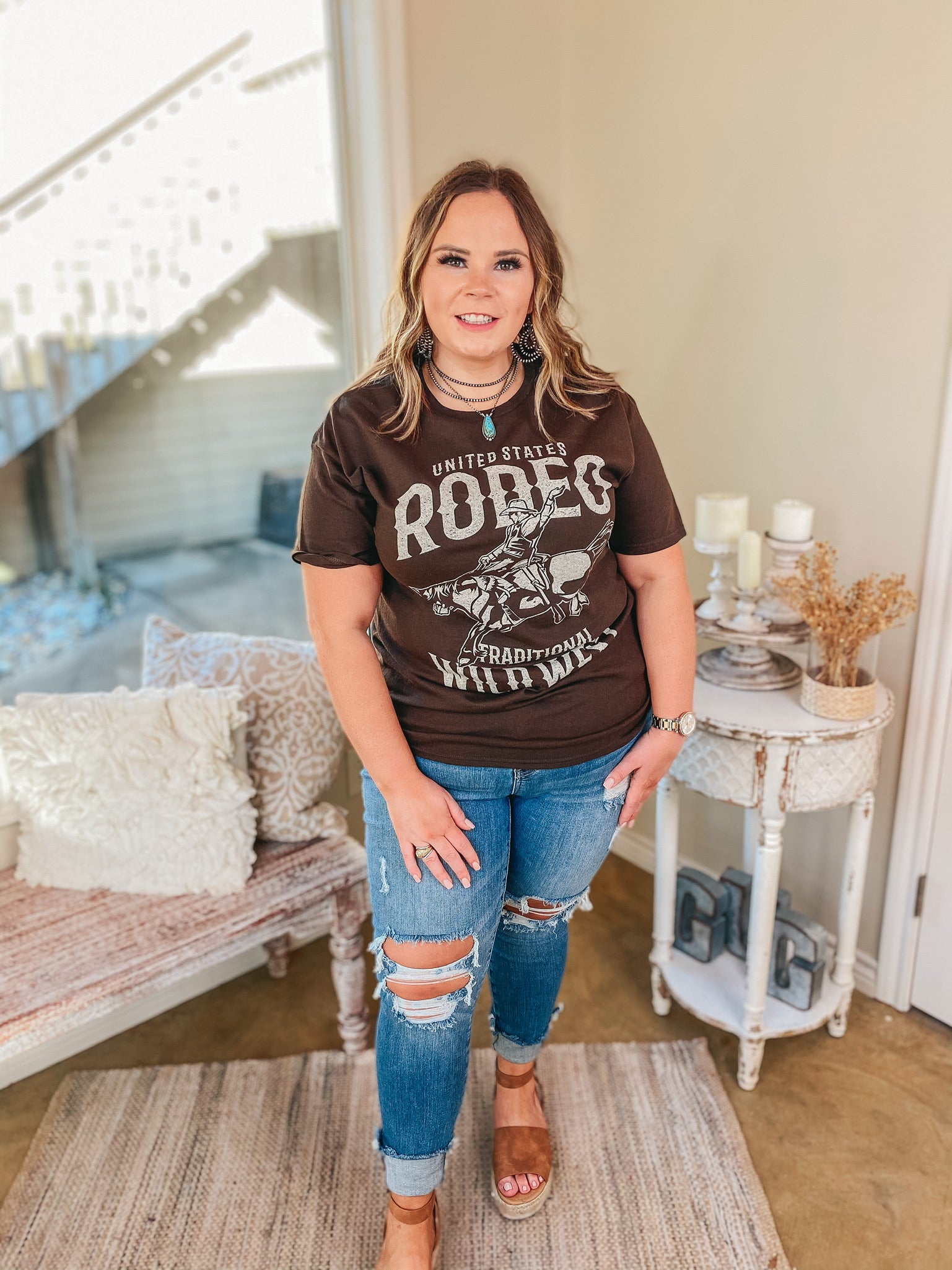 United States Rodeo Traditional Wild West Short Sleeve Graphic Tee in Brown - Giddy Up Glamour Boutique