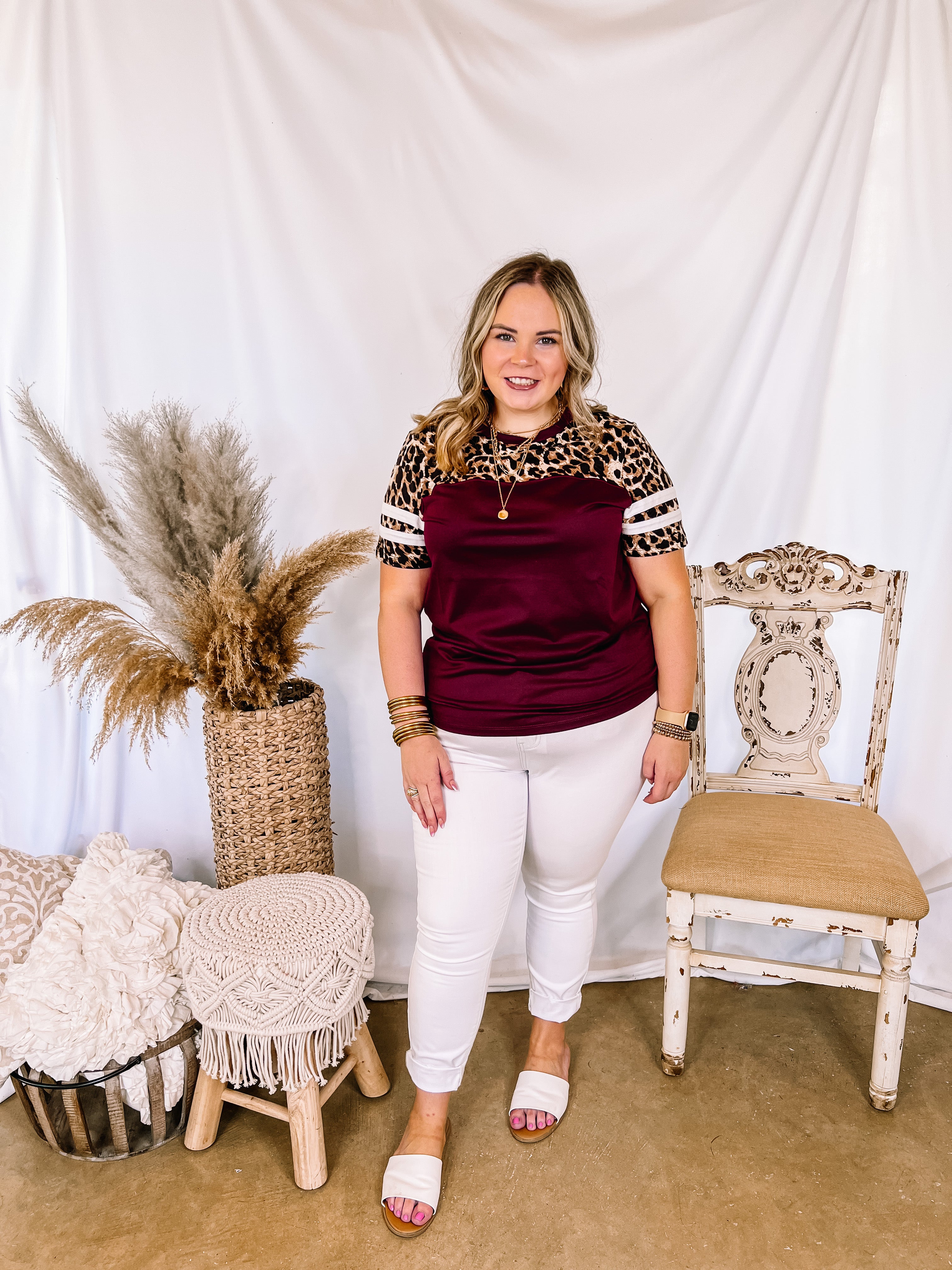 Surprise Me Varsity Stripe Sleeve Top with Leopard Print Upper in Maroon - Giddy Up Glamour Boutique