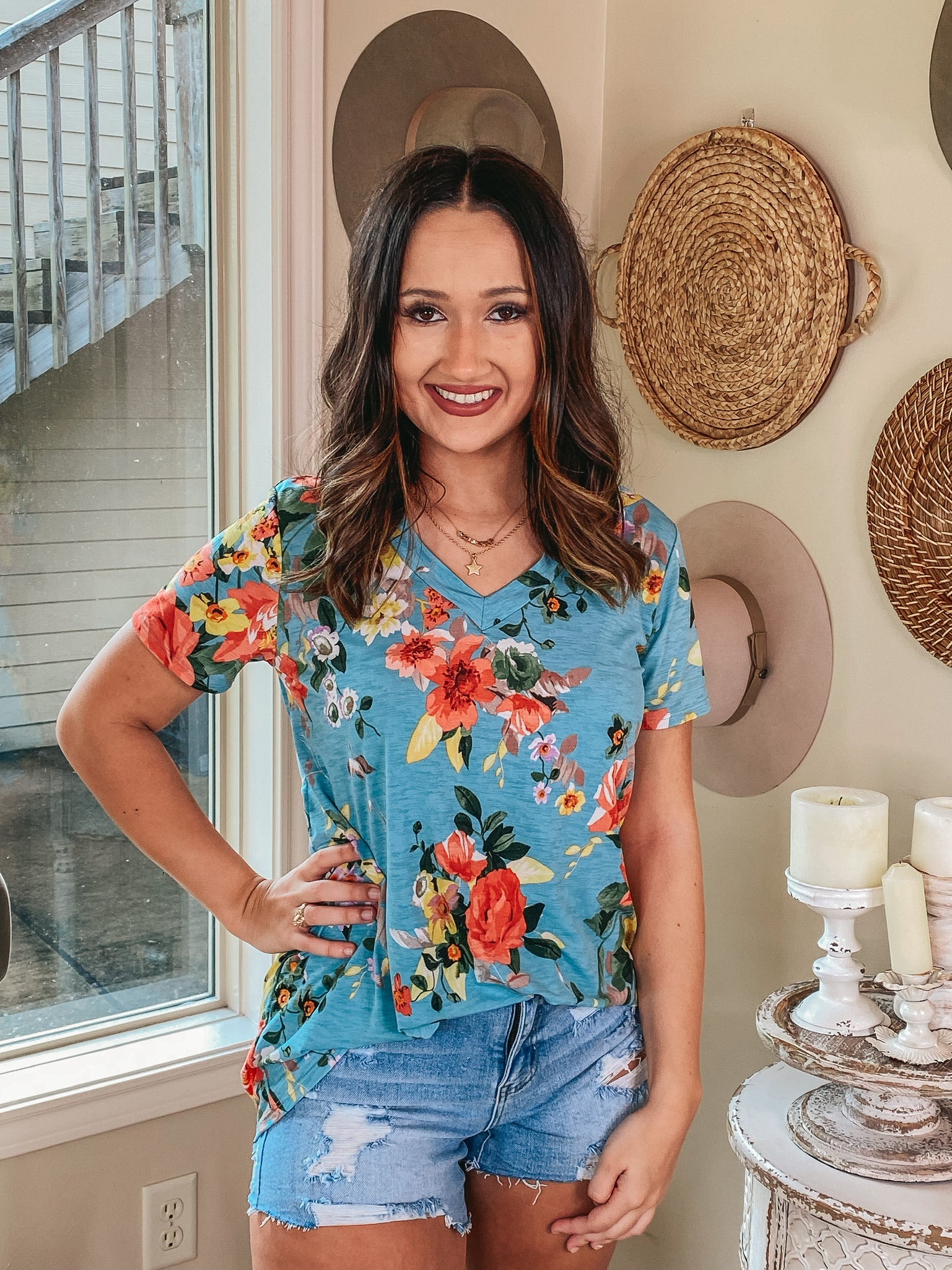 Keep Things Simple Floral V Neck Tee in Sky Blue - Giddy Up Glamour Boutique