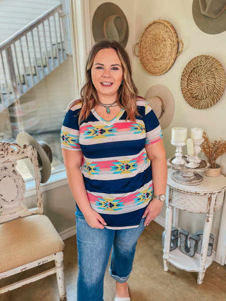 Last Chance Size Small & Med. | Keep Things Simple Horizontal Striped Aztec Print V Neck Tee in Navy - Giddy Up Glamour Boutique